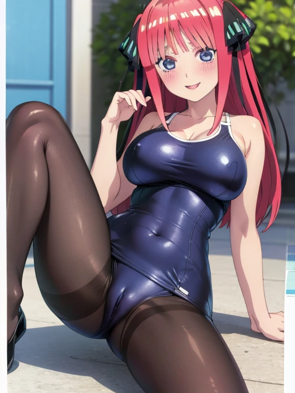 best quality, ultra-detailed masterpiece, anime art style, cute characters, nino nakano, one-piece swimsuit, large breasts, pantyhose, blush, smile, open legs, pussy focus