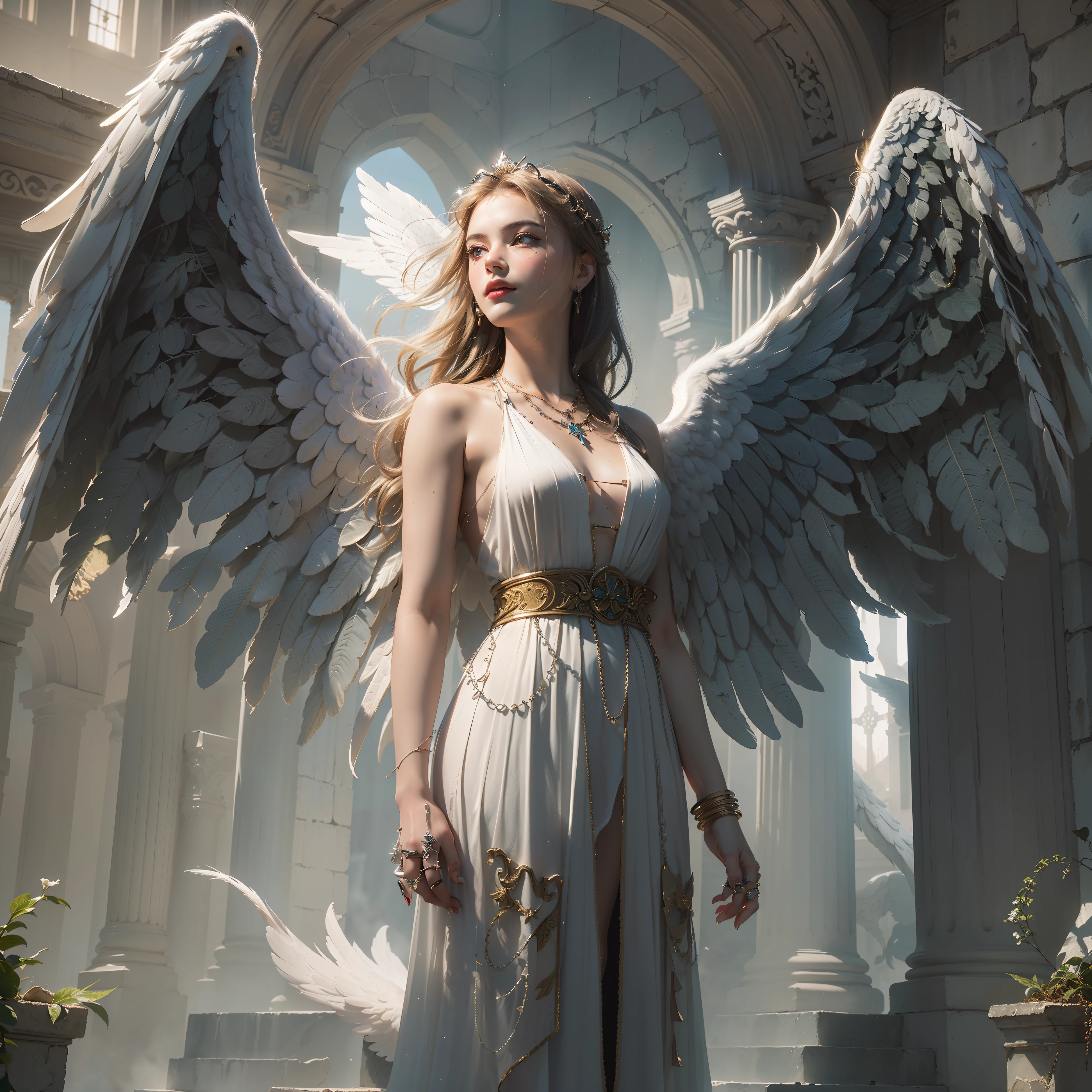 (Numerous award-winning masterpieces, The details are incredible, Texture and maximum detail), (Full body standing:1.8), (Upper body upward:0.3), (hyper Practical:1.4), (Practical:1.3), (Highest quality real texture skin), (Exquisite round symmetrical eyes), (Carefully drawn beautiful face), (The angel ring with holy light on the head:1.8), ((medieval world)), (Black Angel of the Lord or White Angel of the Lord:1.6), (Full body standing:1.8), (Beautiful and kind eyes), (She had a happy smile on her face), (Beautiful eyes full of sympathy), (Full body standing:1.8), Shining majestic clouds and sky, (Halo optical phenomenon:1.3), (Angels dancing in the background), (Dramatic lighting), (majestic sight), (Her expression was calm and gentle,very beautiful), ((Huge wings,There are pure white feathers behind the shoulders)), (((fold wings))), glass earrings on ears, (((Dramatic photos))), (twilight), (Sunset), (dusk), (Divine pose), (blond hair), (Silver Hair), (Chestnut hair), short hair, ((Look up;Inquire)), ((look down)), ((gives Full body standing)), (A beautifully crafted simple necklace hangs around her neck), Ancient ruins overgrown with plants, great temple, cathedral, Temple ruins, Independent Temple, (Glowing magic circle), The ruins of an ancient castle, abandoned ruins, Ruins in ruins, Historic sites,water quality clear, divine light, epic Practical, ((Neutral Color)), (HDR:1.5), (pastel colors:1.2), Super detailed, Movie, Warm lamps, Dramatic lighting, (Intricate details:1.1), Complex background,