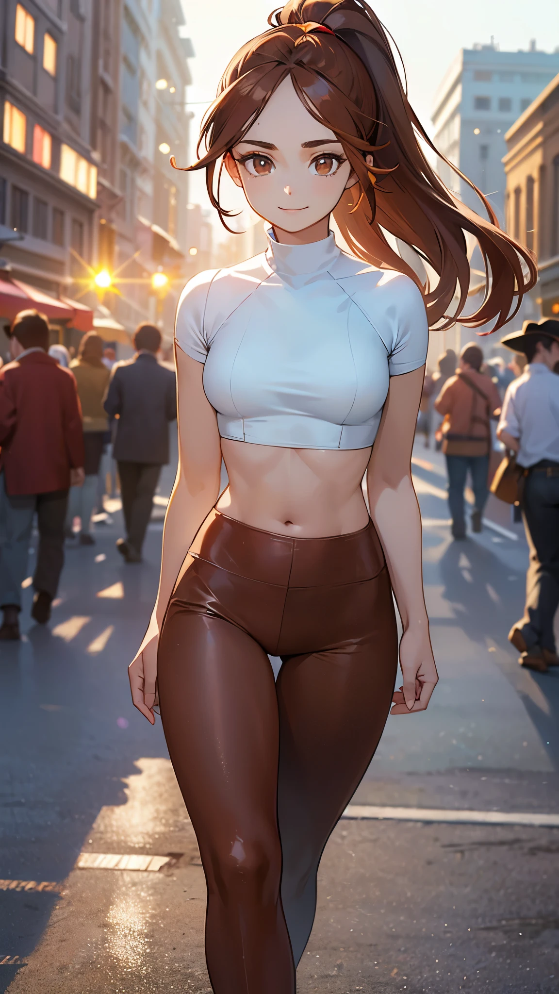 (highest quality, 4k, High resolution, masterpiece:1.2), Super detailed, (anime style, photorealistic:1.37), cinematic light, Bright colors and mesmerizing effects, Soft and delicate lighting, gentle shine, Lens flare, Beautiful and gentle atmosphere throughout the scene, (1girl:1.5), joven, (Cara finamente detallada:1.4, Ropa detallada), (Detallado:1.4) named (Eimi Fukada:1.1) BREAK Cara hermosa, Profundidad de campo, Agregar capa, hiperrealista, 27 years old, Modelo de cuerpo perfecto, senos perfectos, 175cm de altura, pose sexy, full body, cuerpo completo, Tipo de cuerpo del modelo, BREAK (white tight crop top:1.3), (light blue leggings:1.3), (Cabello largo:1.2), (brunette:1.1), dark brown hair, ponytail, doble parpado, (reddish brown eyes:2) BREAK (walking:1.5), (cowboy shot:1.5), shiny skin, perfect fingers, five fingers, anatomically correct, background bokeh, city streets, v, (Eye Level Shot:1.1), looking at the viewer, smile