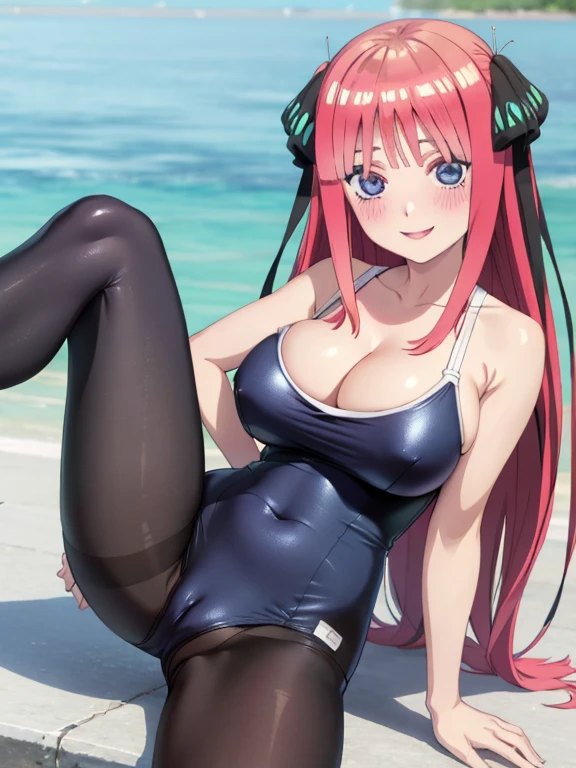 best quality, ultra-detailed masterpiece, anime art style, cute characters, nino nakano, one-piece swimsuit, large breasts, pantyhose, blush, smile, open legs, pussy focus