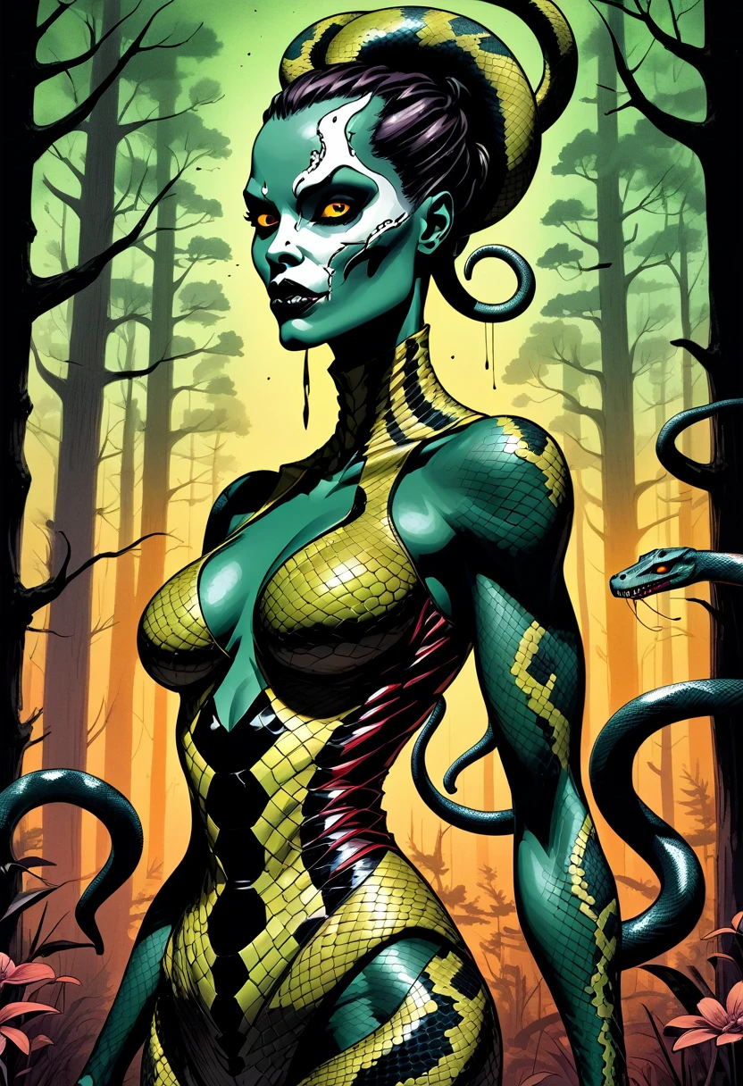 Medusa, splash page decompressed comic cover art, ink style figure, ((expressive Joelle Jones and "Sean Gordon Murphy" comic drawing)), wordless, cinematic poster, double exposure, optical illusion, image within image, abyss void black no visibility darkness, full length portrait, (background, pine barrens, entropy, rewilding, magic hour sunset, galaxy stars, cosmos), (horror, abstract, surreal, body, cosmic), candid, snake skin dress, morphology anatomy drawn Frederic Delavier musculature anatomical illustration, (face, ornate black-metal corpsepaint face paint, resembles Grace Jones), (body, Naga, snakefolk, lower body snake tail, snake woman hybrid, bald, hairless, skeleton, snake skin tattoos, piercing eyes, snake pupils, over the shoulder), (colors, bleak muted deep fiery radiant glowing ROYGBIV, forest green, earth brown), craftsmanship nuance, (Gerardo Zaffino charcoal), subliminal orchids, nyctophobia, silhouette