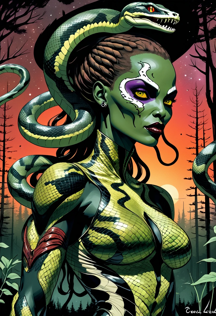 Medusa, splash page decompressed comic cover art, ink style figure, ((expressive Joelle Jones and "Sean Gordon Murphy" comic drawing)), wordless, cinematic poster, double exposure, optical illusion, image within image, abyss void black no visibility darkness, full length portrait, (background, pine barrens, entropy, rewilding, magic hour sunset, galaxy stars, cosmos), (horror, abstract, surreal, body, cosmic), candid, snake skin dress, morphology anatomy drawn Frederic Delavier musculature anatomical illustration, (face, ornate black-metal corpsepaint face paint, resembles Grace Jones), (body, Naga, snakefolk, lower body snake tail, snake woman hybrid, bald, hairless, skeleton, snake skin tattoos, piercing eyes, snake pupils, over the shoulder), (colors, bleak muted deep fiery radiant glowing ROYGBIV, forest green, earth brown), craftsmanship nuance, (Gerardo Zaffino charcoal), subliminal orchids, nyctophobia, silhouette