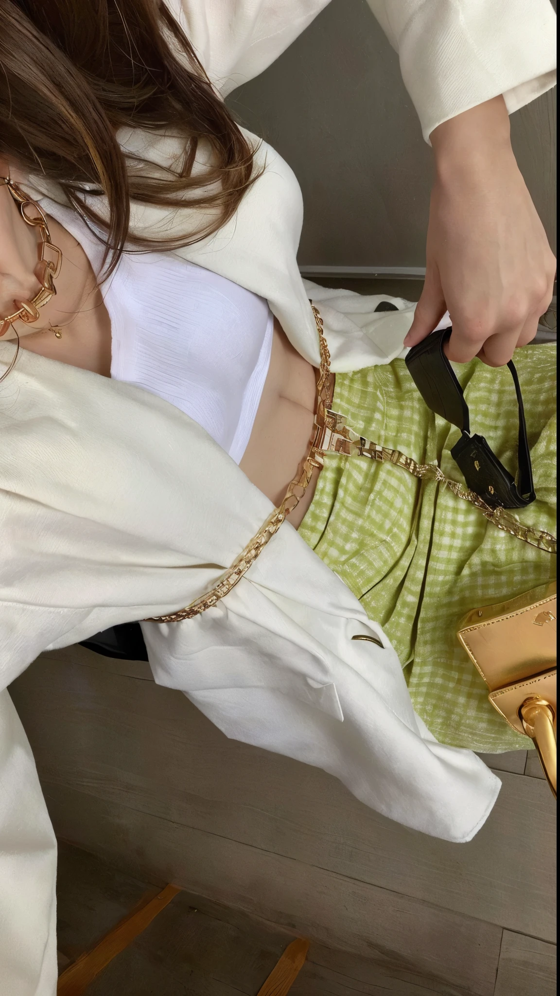 hay una mujer sosteniendo un bolso y un bolso con cadena, gold chain belt, bolso sobre la cintura, usando una cadena de oro, 🤬 🤮 💕 🎀, usando cadena de oro, usando cadenas, usando una cadena, Accesorios dorados, 😭 🤮 💕 🎀, Tono lima y dorado, Altos detalles en la ropa., sosteniendo una bolsa de oro, 🔞🤡