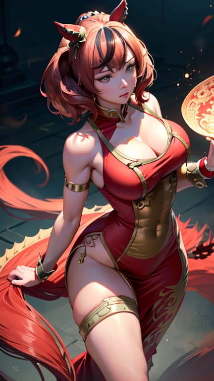 4k, high quality, nice lighting, soft lighting, realistic, nicenature, sexy, big breasts, thick thighs, wide hips, girl with red chinese outfit with gold edges dragon pattern, leg slit, muscular, toned, long flowing chinese dress, ornate, jewelry, hair bun, hair accessory