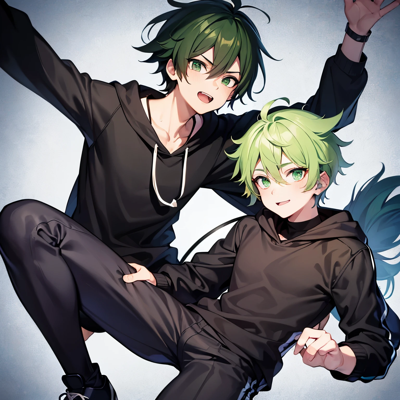 bnha OC style image, boy with green hair, green eyes with black pupils, with black headphones around his neck,with a happy face, wearing a green hooded sweatshirt, with a white shirt, black pants, black shoes with white Converse brand.