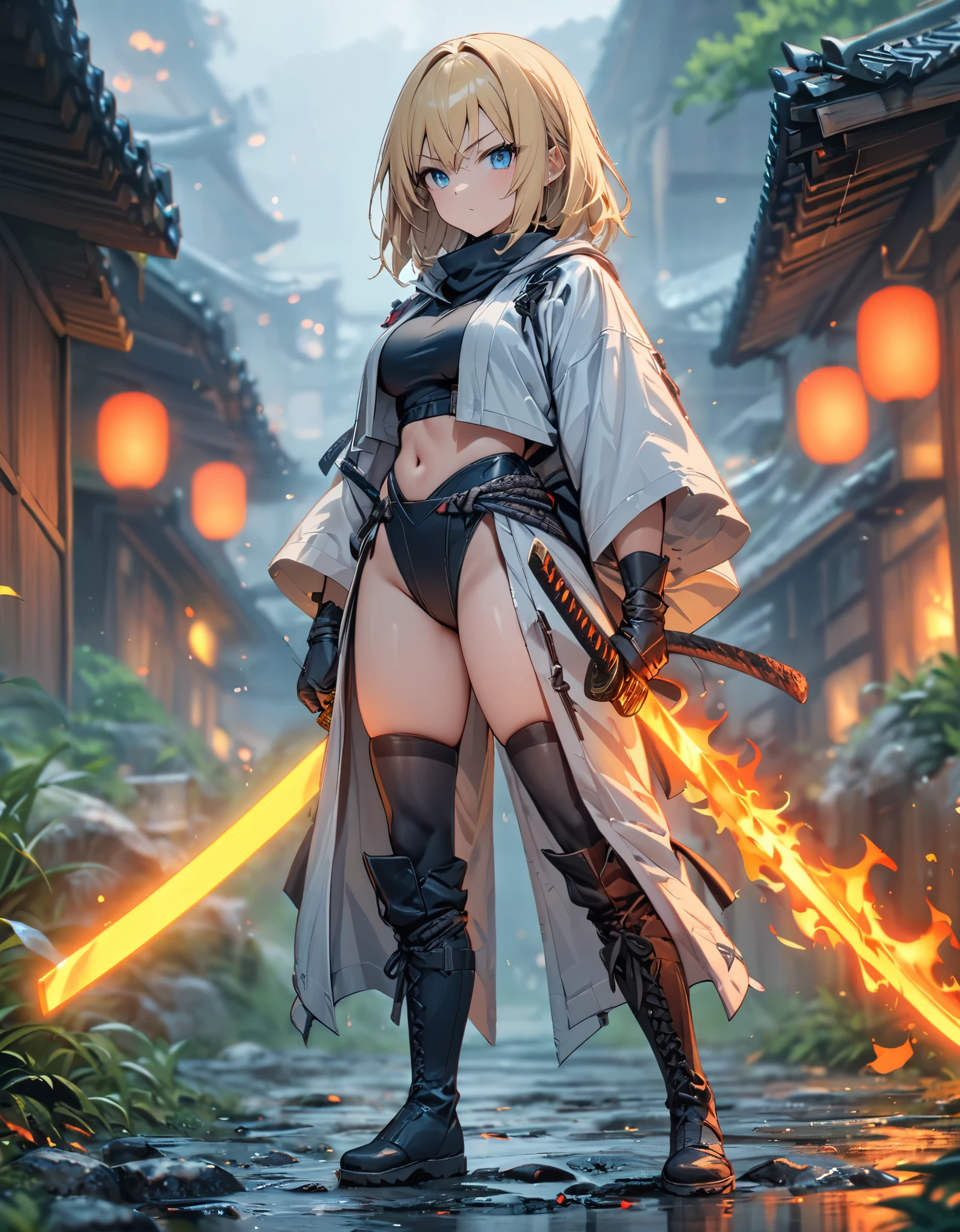 masterpiece, best quality, 1girl, blonde_hair, blue_eyes, boots,  long white overcloat, breasts, clenched hand, clenched hands, crop top, full body, gloves, knee boots, medium hair, medium breasts, midriff, navel, bob hair, solo, standing, thighhighs, turtleneck, black leotard, ninja, (holding a samurai sword, katana, glowing sword), burning japanese village backdrop, danger atmosphere, grim, stance, full body with costume
