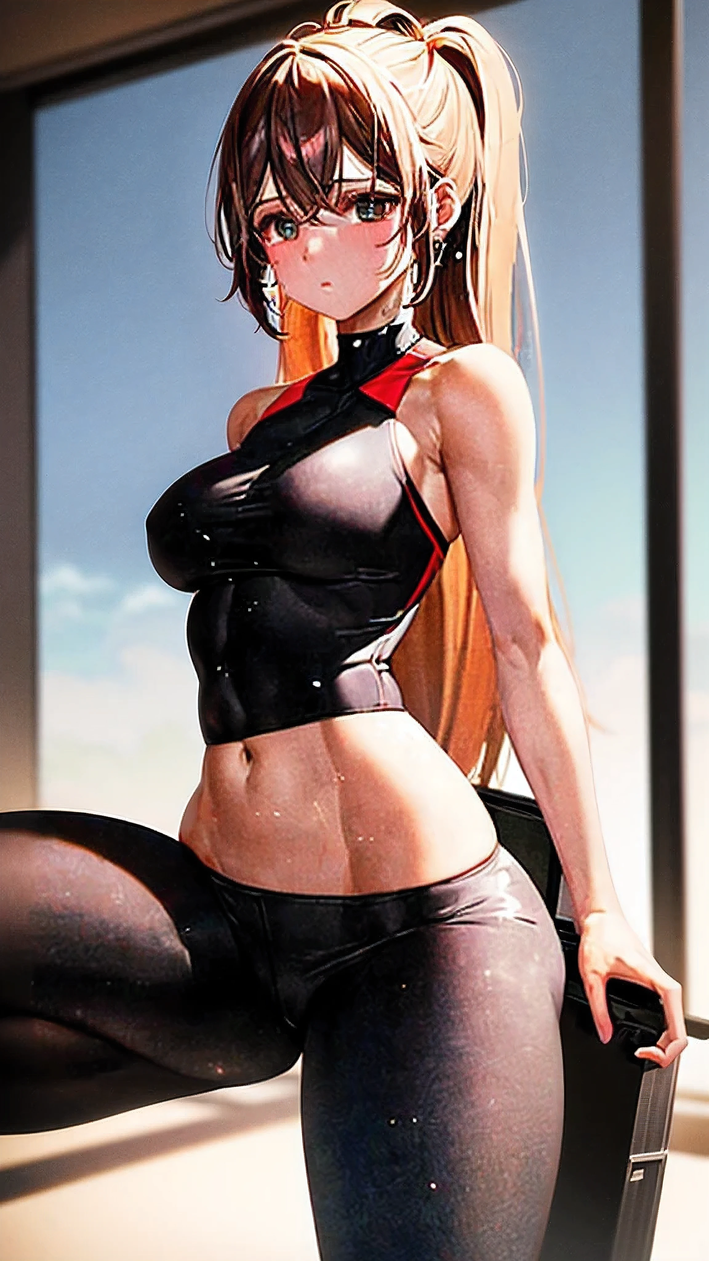 (best quality,4k,8k,highres,masterpiece:1.2),ultra-detailed,athletically built woman in sportswear with long hair,detailed face and body features,sleek athletic figure,fit and healthy body,[long hair],[sweating],european woman,[tight-fitting clothes, clingy clothes],energetic pose,working out or exercising intensely,professional athletic gear,[sporty accessories],dynamic lighting, vibrant colors,physically-based rendering,realistic textures,portraits,studio lighting