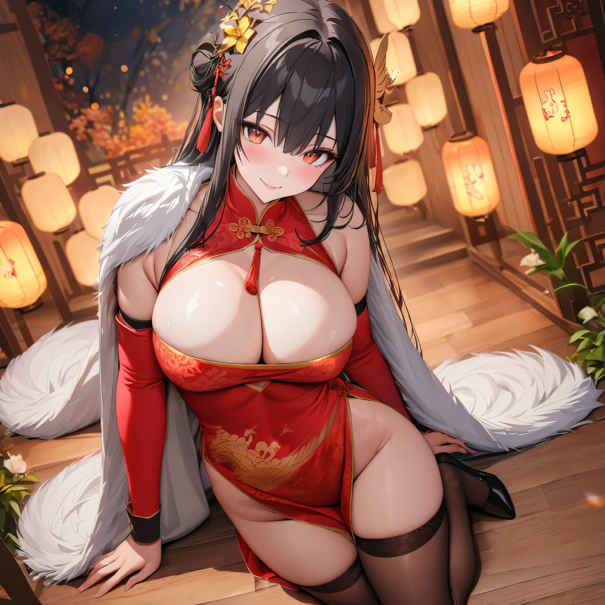 A woman wearing red Chinese costume with golden details, large breasts exposed, thighs exposed, women's long brown stockings, long black hair, red eyes, white fur cape, golden bow on her head, golden flower in her hair, smiling, walking in a garden traditional chinese, full body, (place at night) Chinese lamps around, bokeh effect, flower, 8k, super detail, accurate, best quality, UHD, anatomically correct, textured skin, high quality, high resolution, best quality (solo woman )