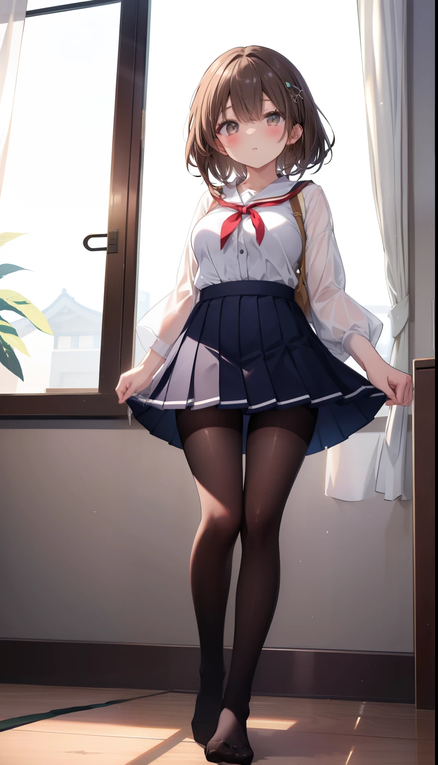 One Girl、Positive、Configuration from below、Full body portrait、Brown haired、Medium Haircut、blush、Absolute area、Knee socks、Knee-length、stockings、pantyhose、レースpantyhose、White underwear、No shoes、White pleated skirt、school uniform、Japanese high 、Summer clothes、Inside the house、Daytime、(Very big boobs)、((Full Body Lesbian))、masterpiece、(highest quality)、
Panties around the ankles