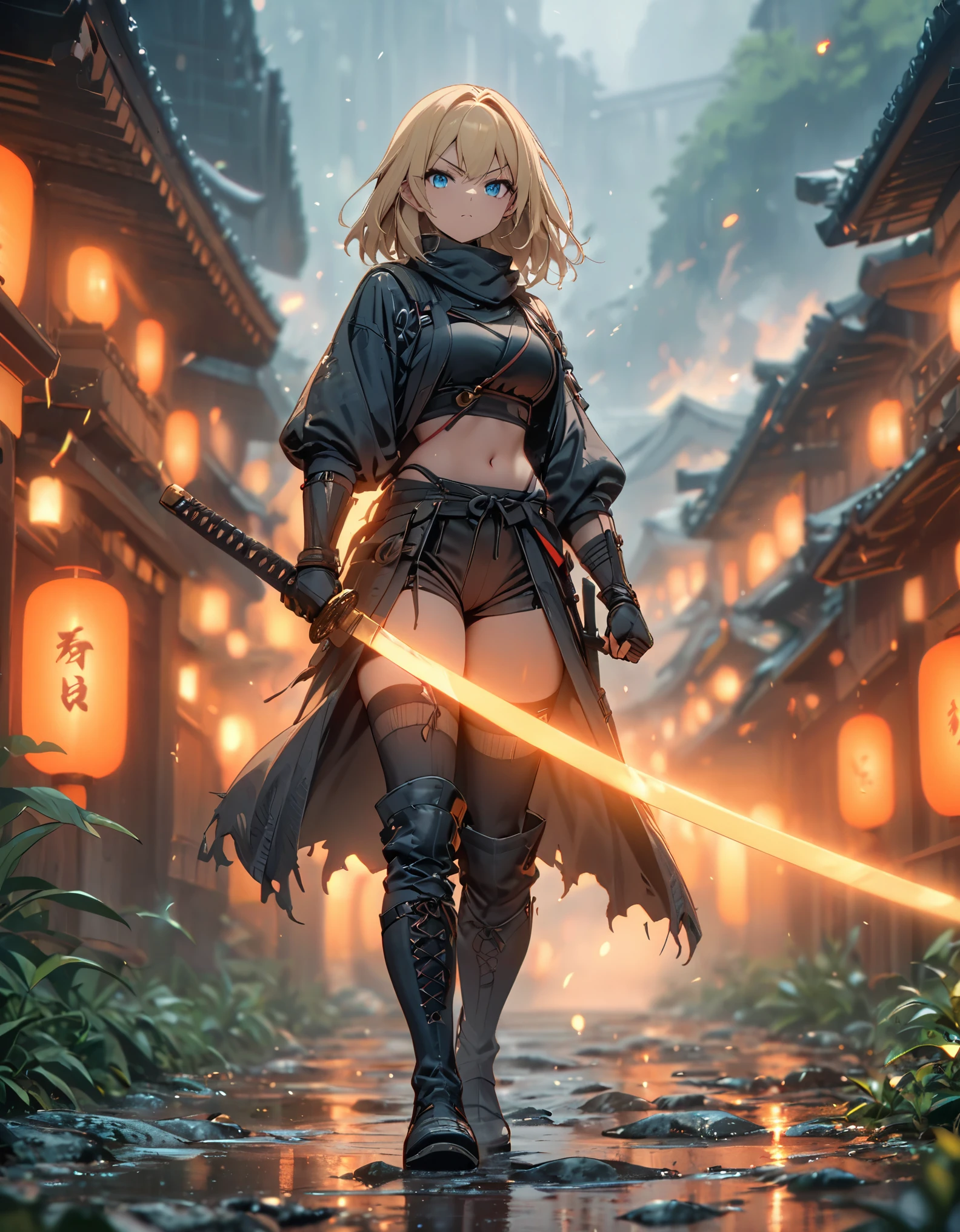 masterpiece, best quality, 1girl, blonde_hair, blue_eyes, boots,  long white overcloat, breasts, clenched hand, clenched hands, crop top, full body, gloves, knee boots, medium hair, medium breasts, midriff, navel, bob hair, solo, standing, thighhighs, turtleneck, black leotard, ninja, (holding a samurai sword, katana, glowing sword), burning japanese village backdrop, danger atmosphere, grim, stance, full body with costume