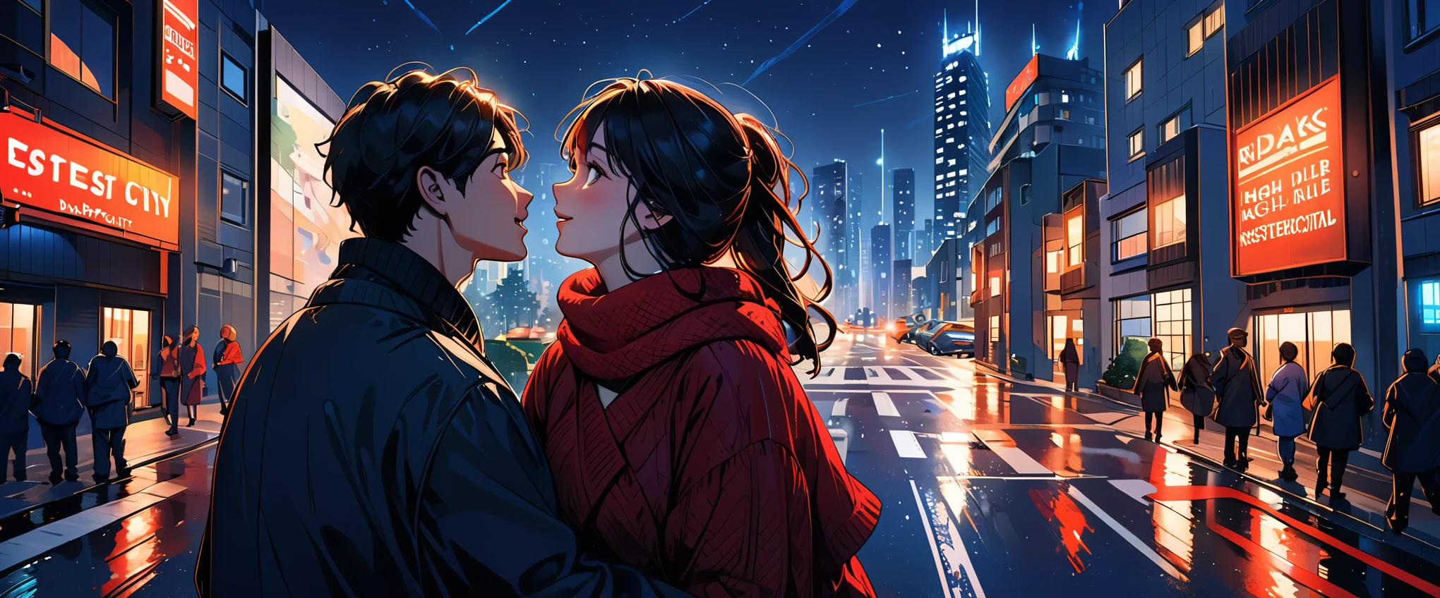 (best quality,ultra-detailed,realistic:1.37),humor,comic style,bold lines,vibrant colors, Close to cold colors,reduce saturation,beautiful night scene, saturday lover,girl and boy, joyful couple, laughter, love in the air, city lights, ((intersection:2.2)) In a busy downtown area at night, ((high rise residential building Dark city silhouette background:2.0)) ((Accurate perspective:2.5))