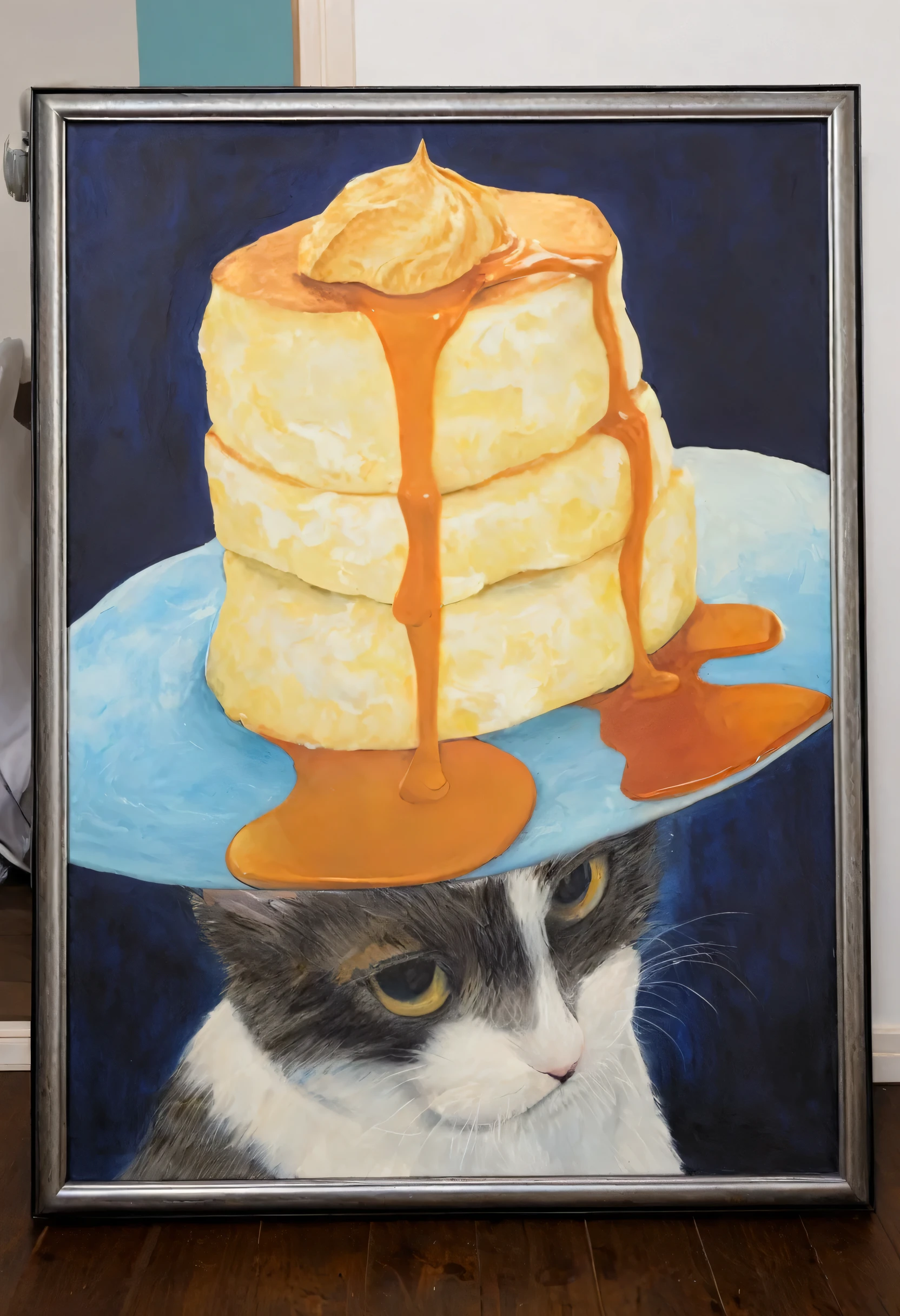 Cat Painting with a plate of pancakes, Inspired by Karel Fabritius, Cat in the hat, Very humorous oil painting, Cat Painting, Inspired by Johannes Fabritius, Cat masterpiece, Highly detailed oil painting, in Cat Painting, Cat oil painting, Cat oil painting 