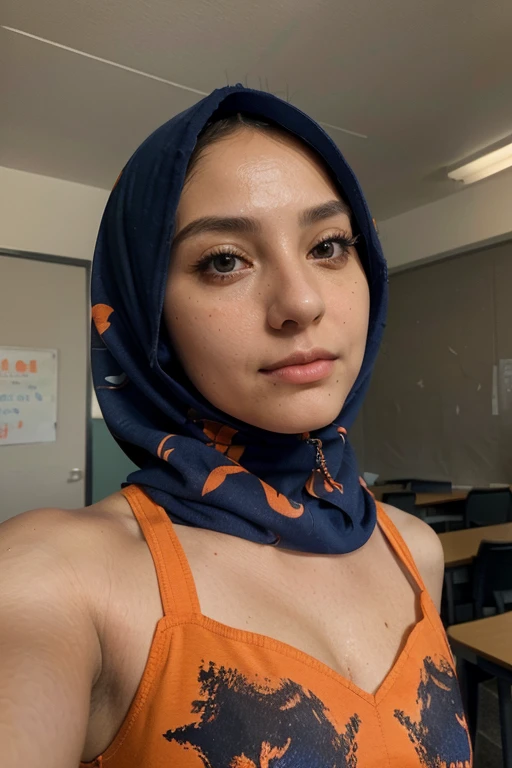 (masterpiece), (high quality, best quality, realistic, expressive eyes), classroom, (upper body), 1girl, mature female, mole under mouth, (orange hijab:1.2, blue dress:1.1, print dress), name tag, selfie, black eye, iris, hard shadow