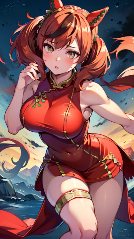 (extremely detailed CG), (best quality), 1girl,solo perfect face,  shiny skin, lustrous skin, wide hips, narrow waist, AguileraRevice, long hair,ponytail,boots,red footwear,bare shoulders,high heels,nail polish, hair ornament,bangs,jewelry black hair,detached sleeves,dress,green bikini, ,evil grin