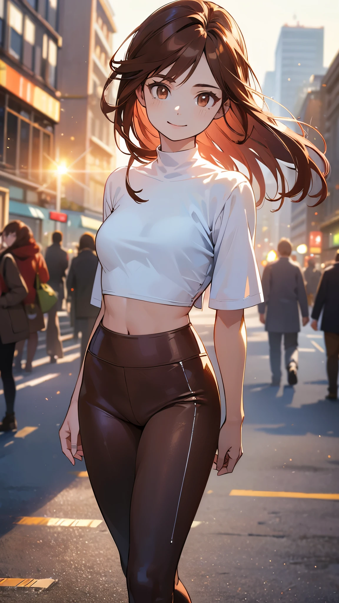 (highest quality, 4k, High resolution, masterpiece:1.2), Super detailed, (anime style, photorealistic:1.37), cinematic light, Bright colors and mesmerizing effects, Soft and delicate lighting, gentle shine, Lens flare, Beautiful and gentle atmosphere throughout the scene, (1girl:1.5), joven, (Cara finamente detallada:1.4, Ropa detallada), (Detallado:1.4) named (Eimi Fukada:1.1) BREAK Cara hermosa, Profundidad de campo, Agregar capa, hiperrealista, 27 years old, Modelo de cuerpo perfecto, senos perfectos, 175cm de altura, pose sexy, full body, cuerpo completo, Tipo de cuerpo del modelo, BREAK (white tight crop top:1.3), (light blue leggings:1.3), (Cabello largo:1.2), (brunette:1.1), dark brown hair, doble parpado, (reddish brown eyes:2) BREAK (walking:1.5), (cowboy shot:1.5), shiny skin, perfect fingers, five fingers, anatomically correct, background bokeh, city streets, v, (Eye Level Shot:1.1), looking at the viewer, smile