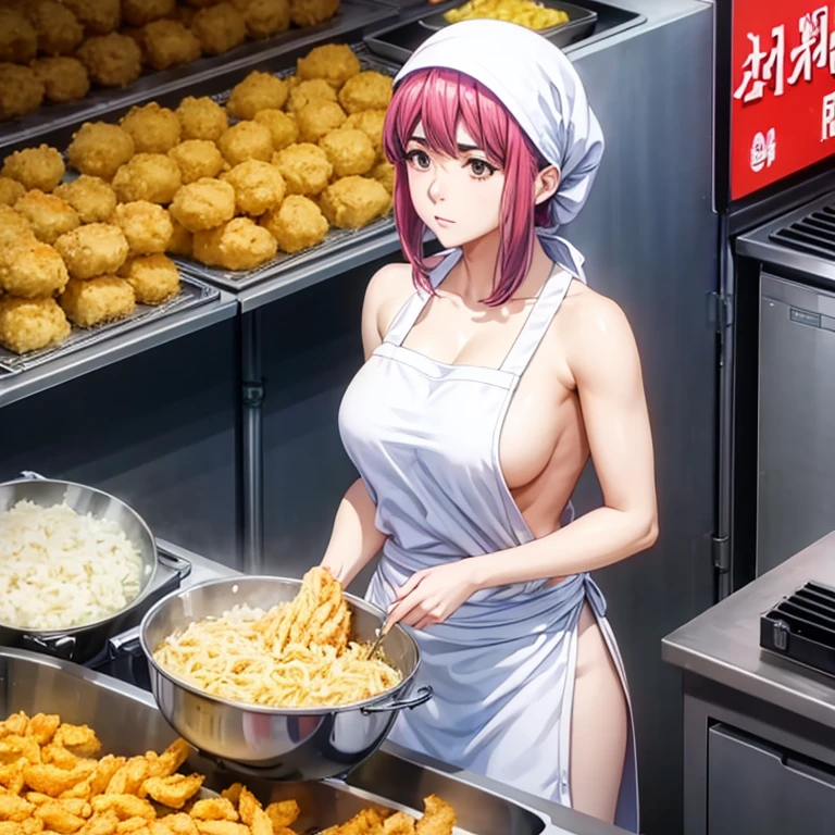 A woman with a towel wrapped around her head making a large amount of tempura at a Korean night market　highest quality　Wearing an apron