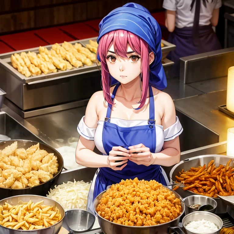 A woman with a towel wrapped around her head making a large amount of tempura at a Korean night market　highest quality　Wearing an apron