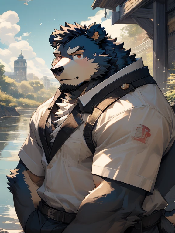 (Super detailed),Be focused,Delicate eyes,Brown eyes furry,Look straight ahead,(Black and white fur), black beard,Black Hair,human nature (Bear:1.3), male, Middle-aged and elderly people, brown body, White belly, muscular ,(Crotch bulge),Super detailed的脸,(Messy 1.4),(best quality), (masterpiece), High Detail,high quality,high resolution,16K,close up,(Wear only white),(Riverside background),Majestic appearance,Overlooking,(Brown fur:1.3),(Beggar's clothes)。
