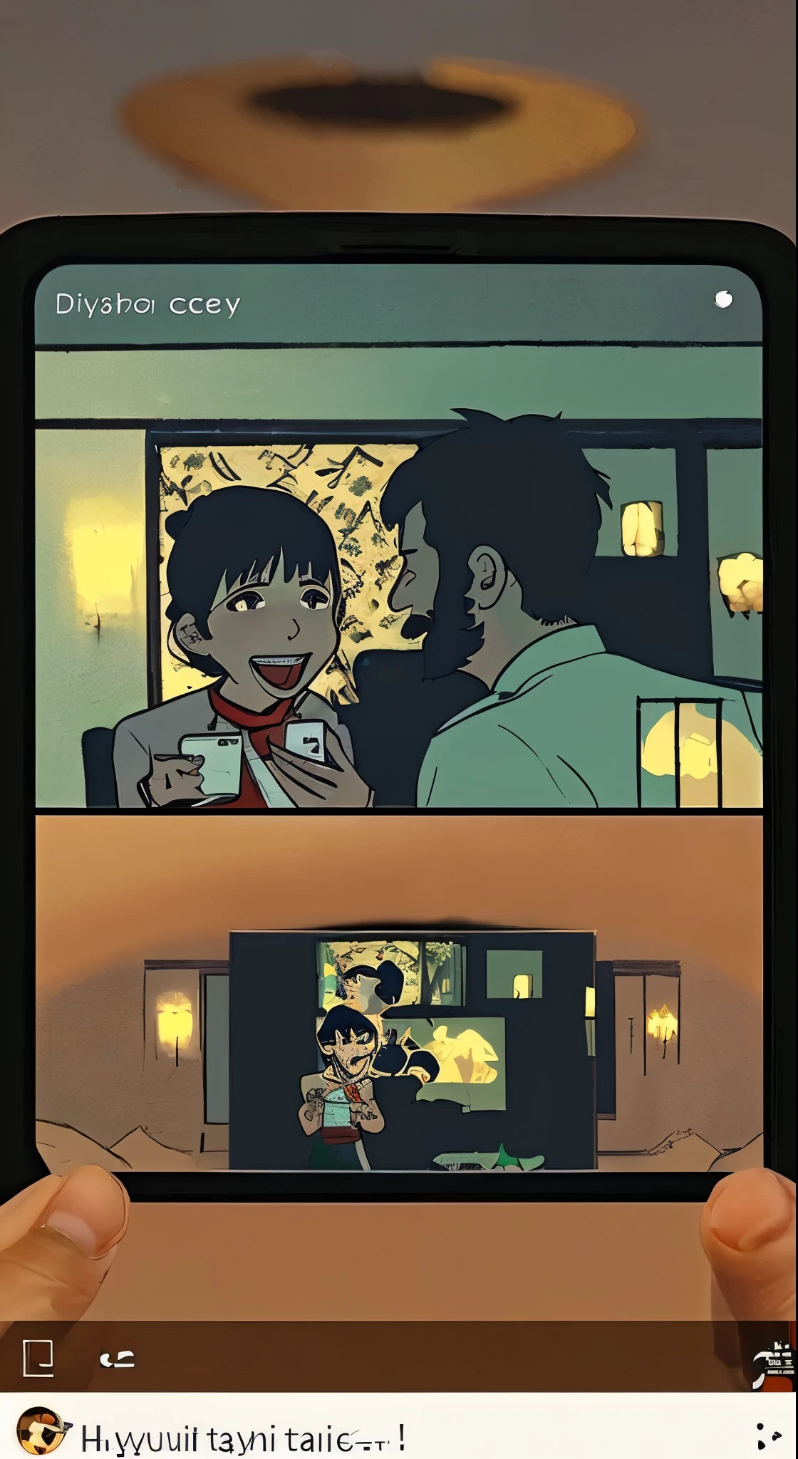 /Imagine Prompt: A man excitedly announces his marriage news on his mobile phone screen, Surrounded by dim lighting from the dining table and an empty living room, by Hayao Miyazaki --niji 5