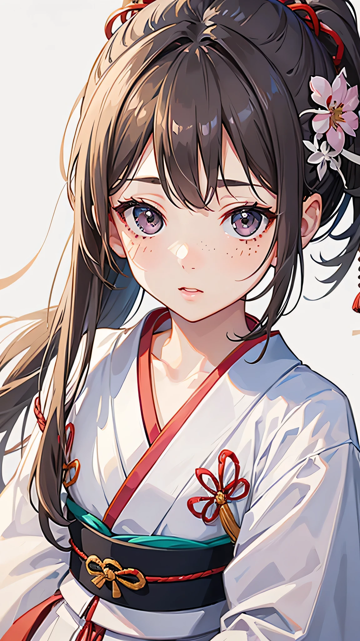 highest quality、Realistic、girl、Japanese、zoom、cute、Gray Eyes、Chestnut Hair、ponytail、White kimono、Japanese clothing、Face close-up、thin、Small breasts、freckles