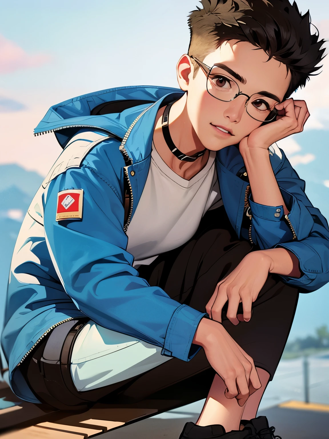 A young boy with，Wear a denim jacket，Wear sneakers，With a headset，Wear glasses，choker necklace，Happy，Sitting in a coffee shop drinking coffee，Looking at the clouds in the sky，Close-up full-body photo，Ultra-high definition