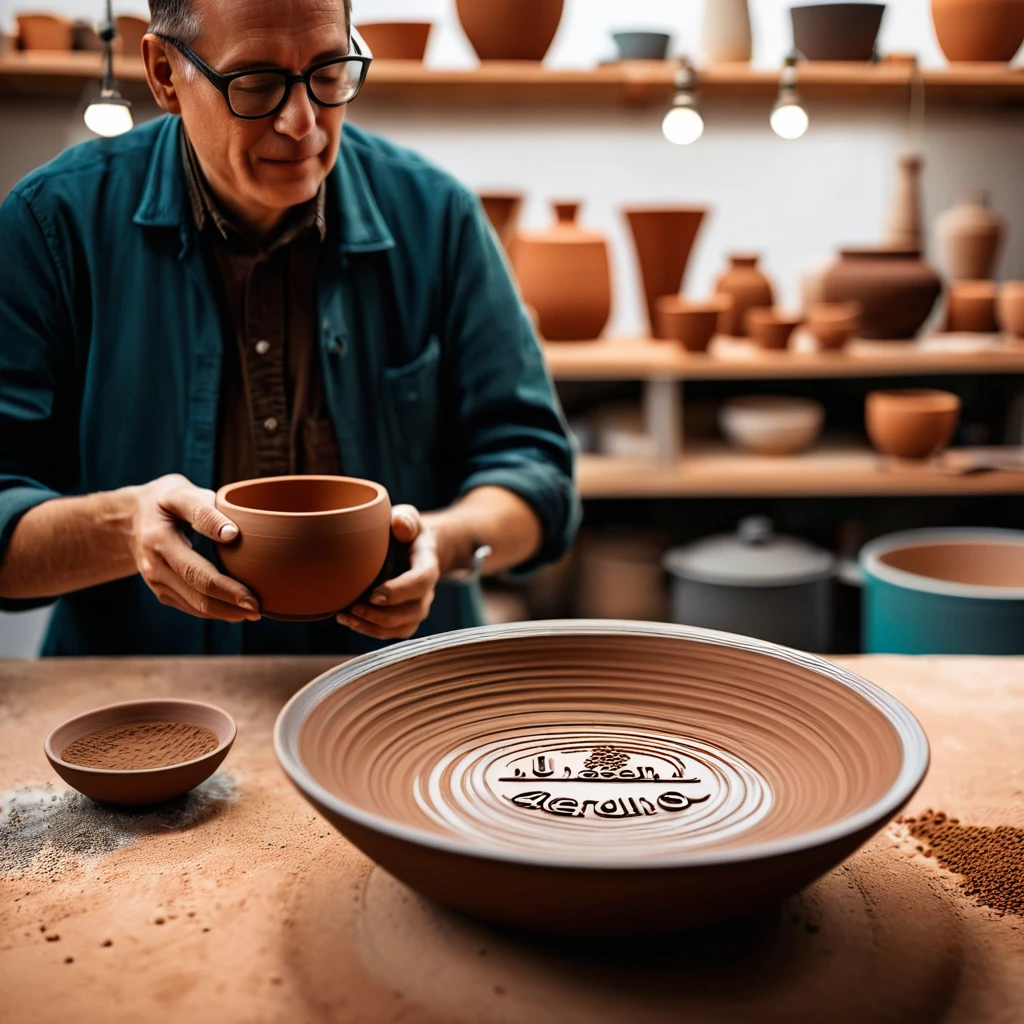 Photo realistic image of a German scientist homding his latest clay pottery creation, a brown bowl with the words "I accept AI" painted on the surface, his studio in the background