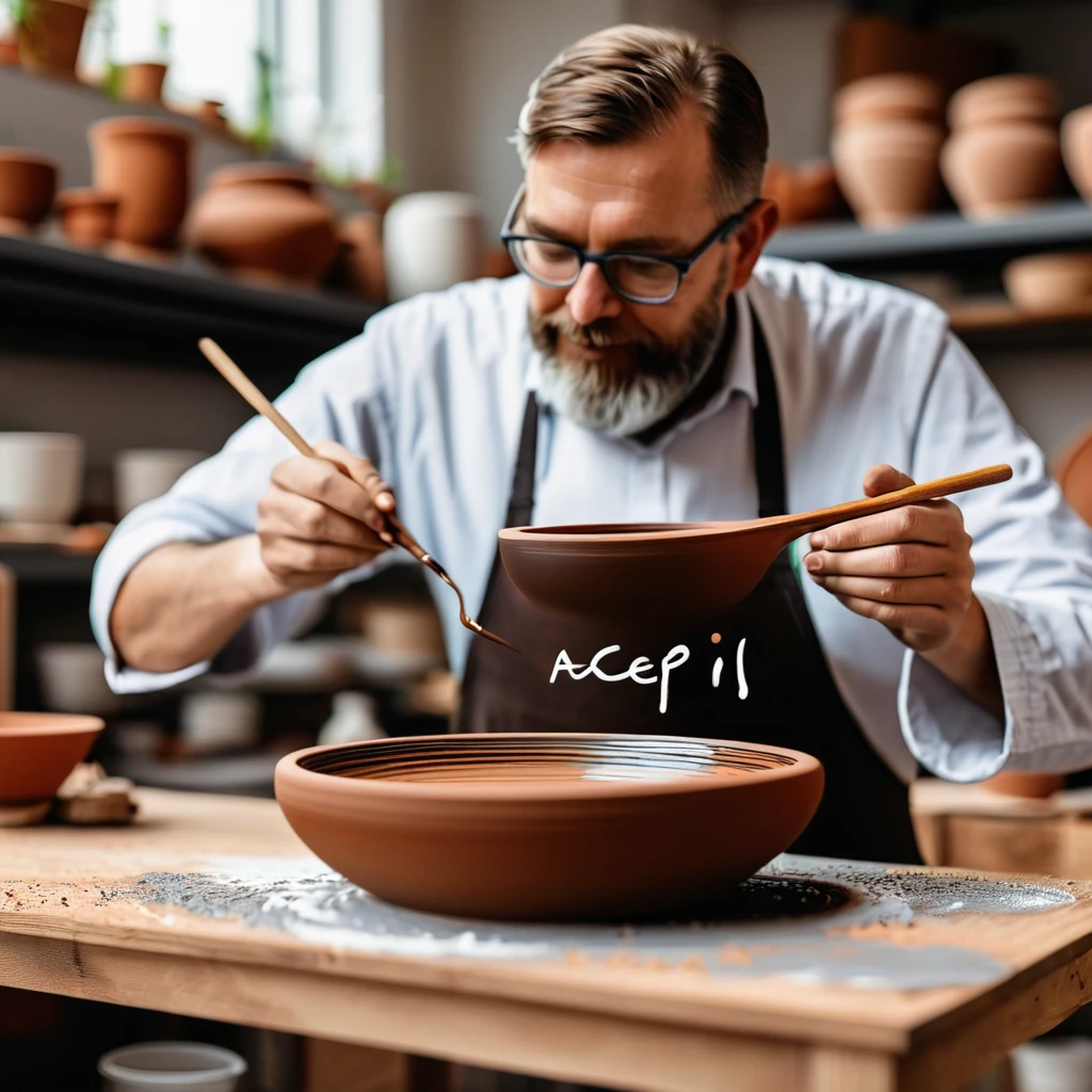 Photo realistic image of a German scientist homding his latest clay pottery creation, a brown bowl with the words "I accept AI" painted on the surface, his studio in the background