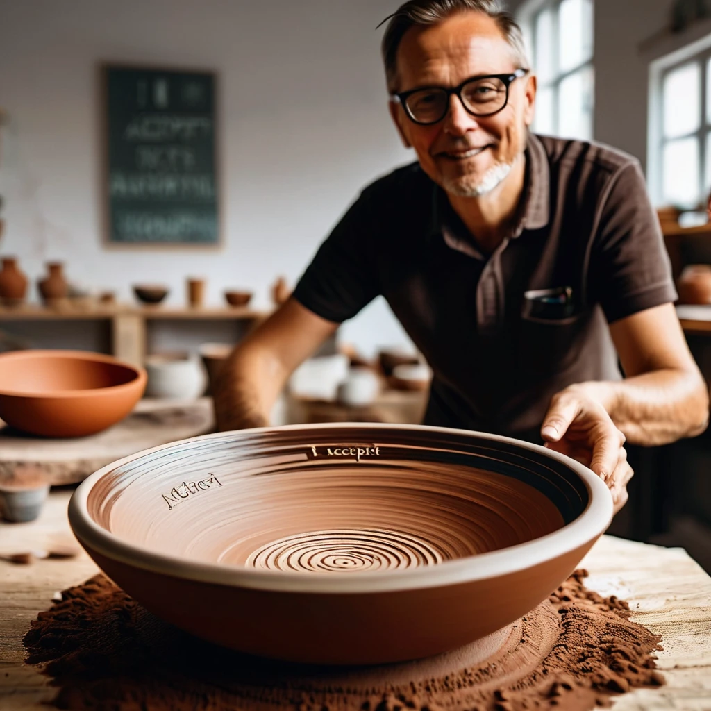 Photo realistic image of a German scientist homding his latest clay pottery creation, a brown bowl with the words "I accept AI" painted on the surface, his studio in the background 