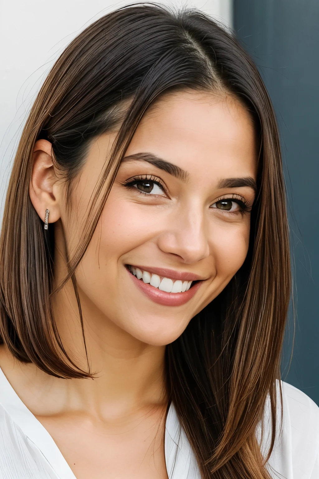 Contato visual de uma mulher loira sorridente, com cabelos longos, na casa dos 20 anos, boca fechada, posando de lado e tema escuro]
