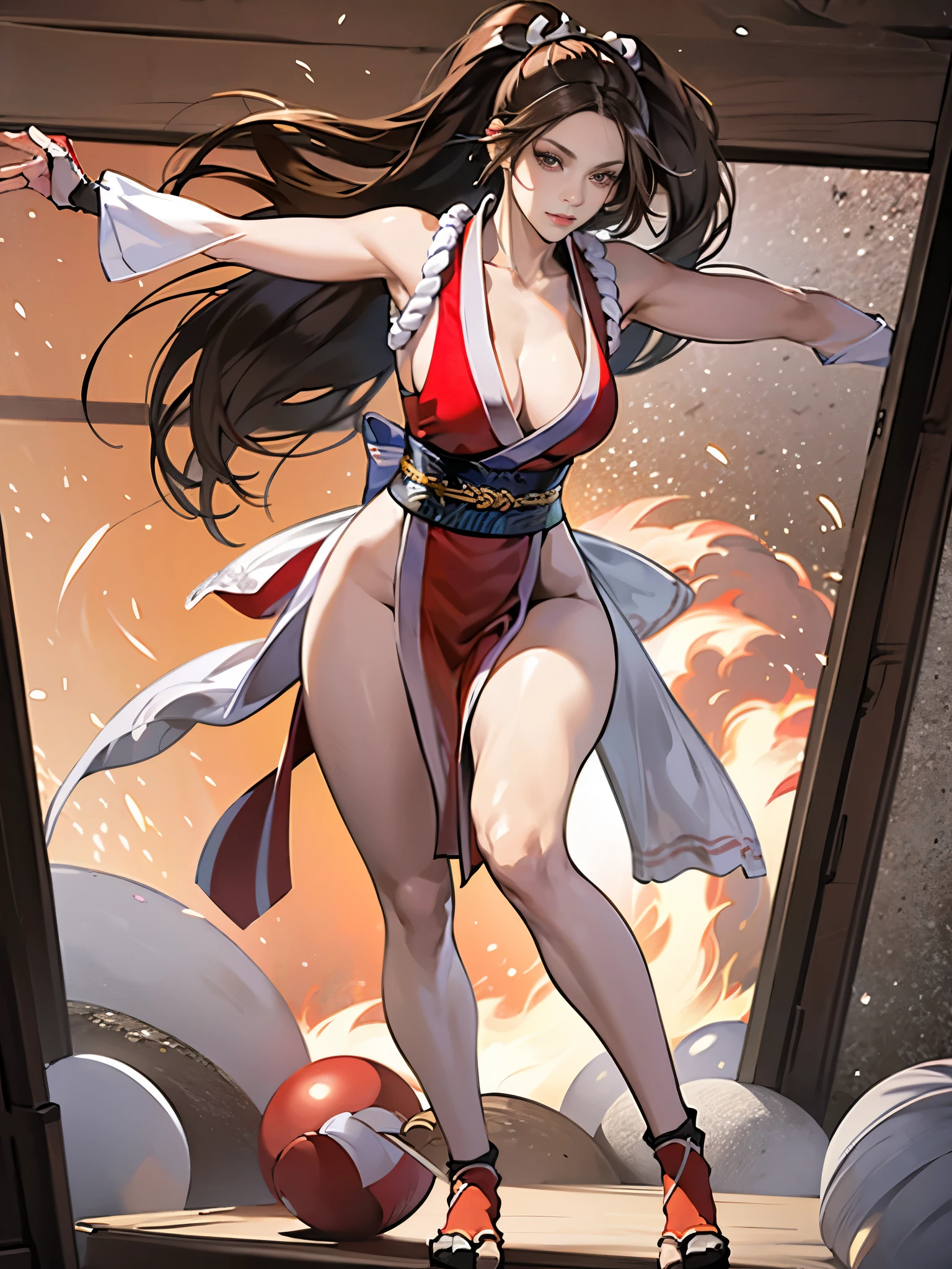 mai shiranui, Brown eyes, The whole body is reflected,Toes are visible,  Standing, Full body, Prestige, Long hair, Brown hair, White ribbon, Sleeveless, poneyTail, sash, pelvis curtain, arm guards, mitts, tabi, fascinated expression, Sexy eyes, medium breasts, Smile, Cute, view the viewer, Long hair, Close to Japan temple, (breasts focus:1.2), (Realistic:1.2), (Full Shot: 1.2), (Realism), (masutepiece:1.2), (Best Quality), (ultra-detailliert), (8K, 4K, Convoluted), (85 mm), light Particle, Lighting, (Highly detailed:1.2), (Detailed face:1.2), (gradients), SFV, Colorful, (Detailed eyes:1.2), (Detailed temples of Japan: 1.2),(Detailed background), (Dynamic Angle:1.2), (Dynamic Pose:1.2), (Line of action:1.2), Wide Shot, Daylight, Solo.