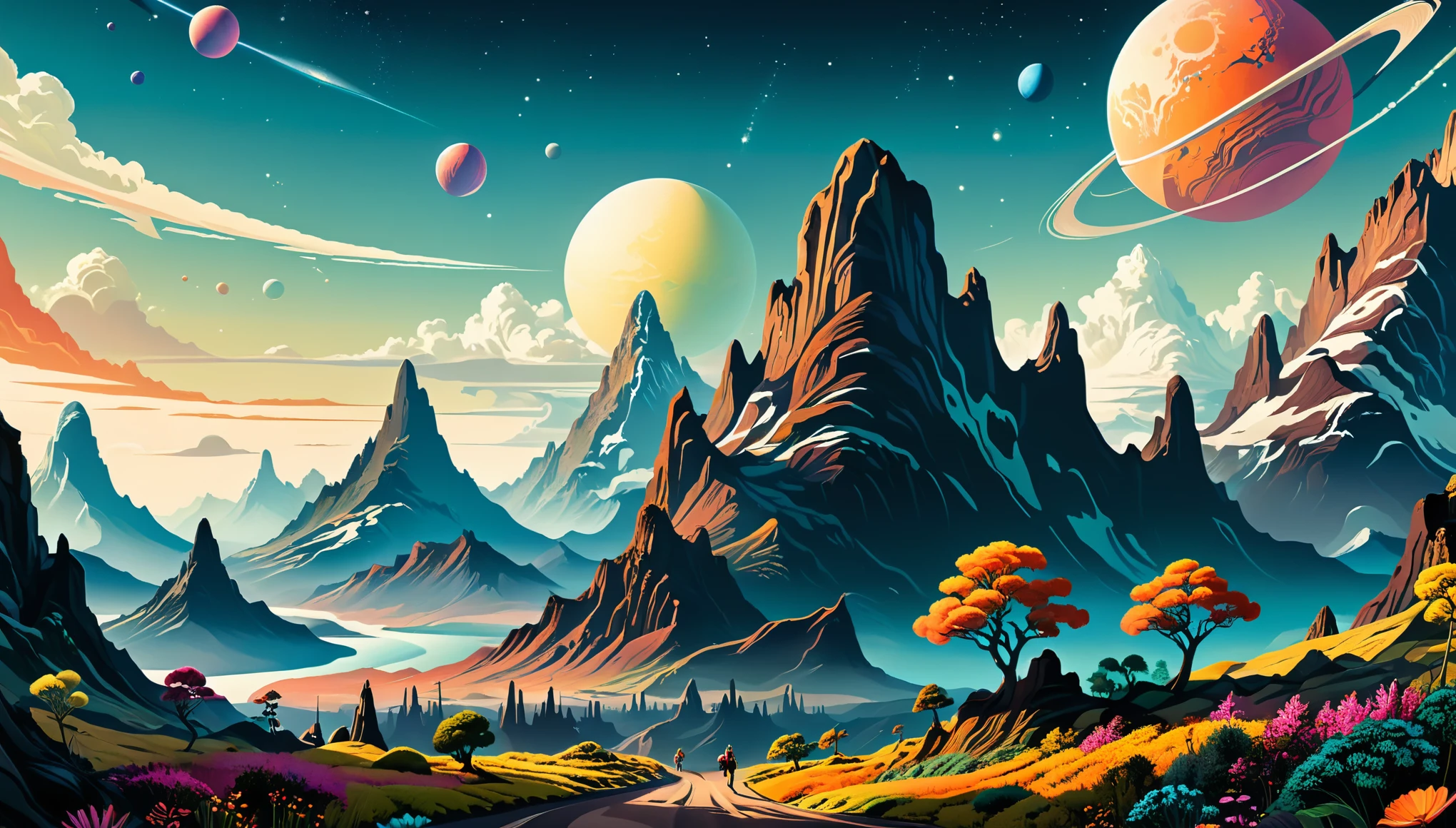(por Johan Christian Dahl (and Iassen Ghiuselev:0.5)), (no estilo de tinta), A vintage travel poster depiction of an exotic alien planet, apresentando paisagens vibrantes e flora e fauna estranhas. The camera angle is an average photo, capturing the planet’s distinctive features, keeping focus on the intricate details of the alien world. The color palette is rich and multicolored, invoking a sense of wonder and otherworldliness. The poster was designed in art deco style, combining bold geometric shapes with complex patterns. This image is a playful and imaginative representation of intergalactic travel, combinando perfeitamente nostalgia e elementos futuristas., (alta qualidade), (detalhado), (obra de arte), (melhor qualidade), (high resolution), (extremely detalhado), (8k)