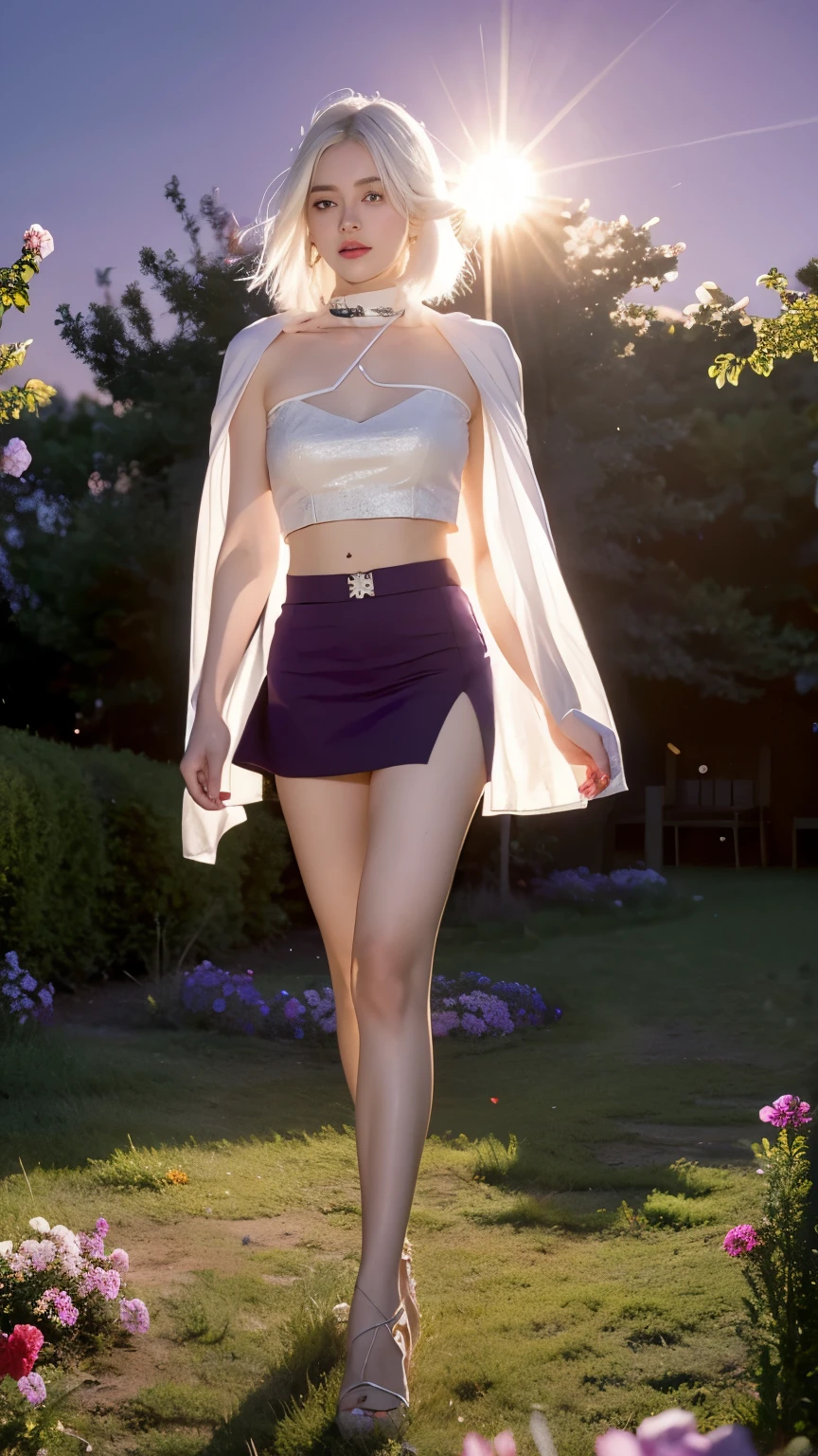 realistic, 1girl, white hair, purple eyes, glowing eyes, crop top, skirt,long leg, parted lips, blush, night, flowers, sun, sunlight,full-body picture