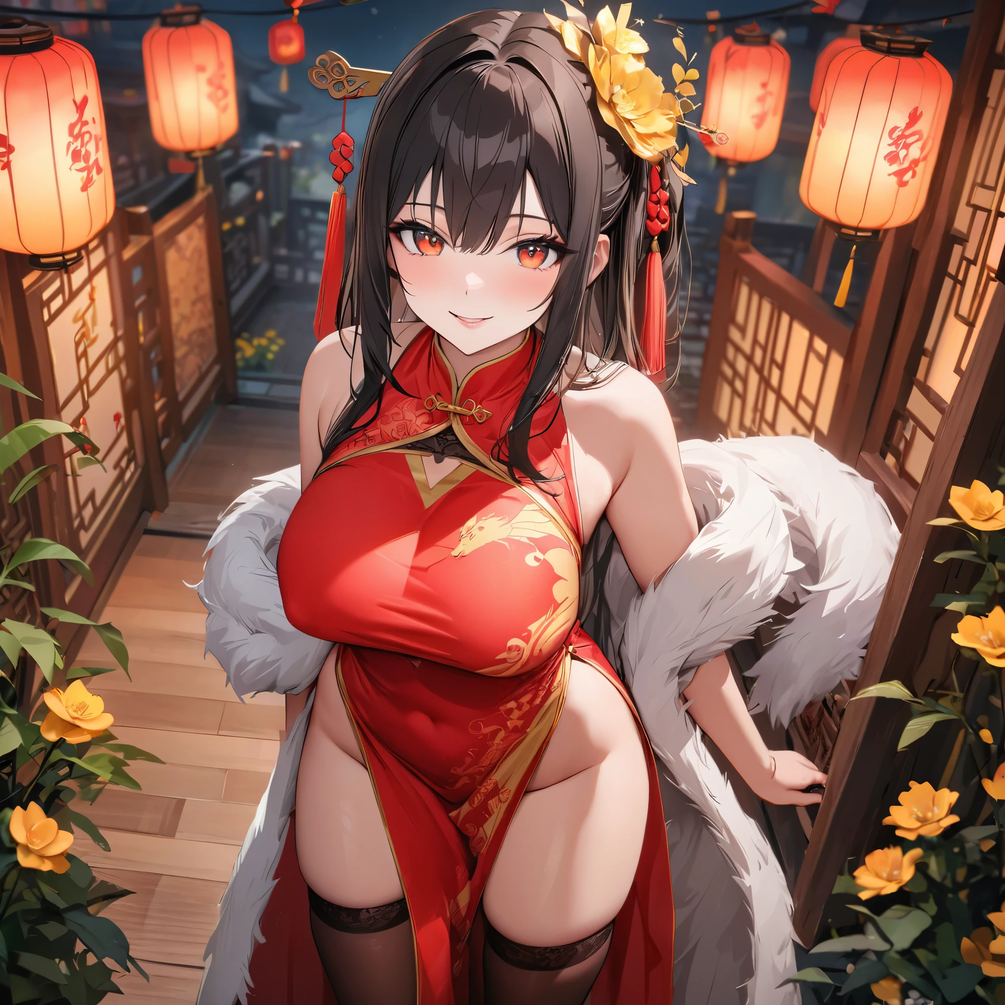 A woman wearing red Chinese costume with golden details, large breasts exposed, thighs exposed, women's long brown stockings, long black hair, red eyes, white fur cape, golden bow on her head, golden flower in her hair, smiling, walking in a garden traditional chinese, full body, (place at night) Chinese lamps around, bokeh effect, flower, 8k, super detail, accurate, best quality, UHD, anatomically correct, textured skin, high quality, high resolution, best quality (solo woman )
