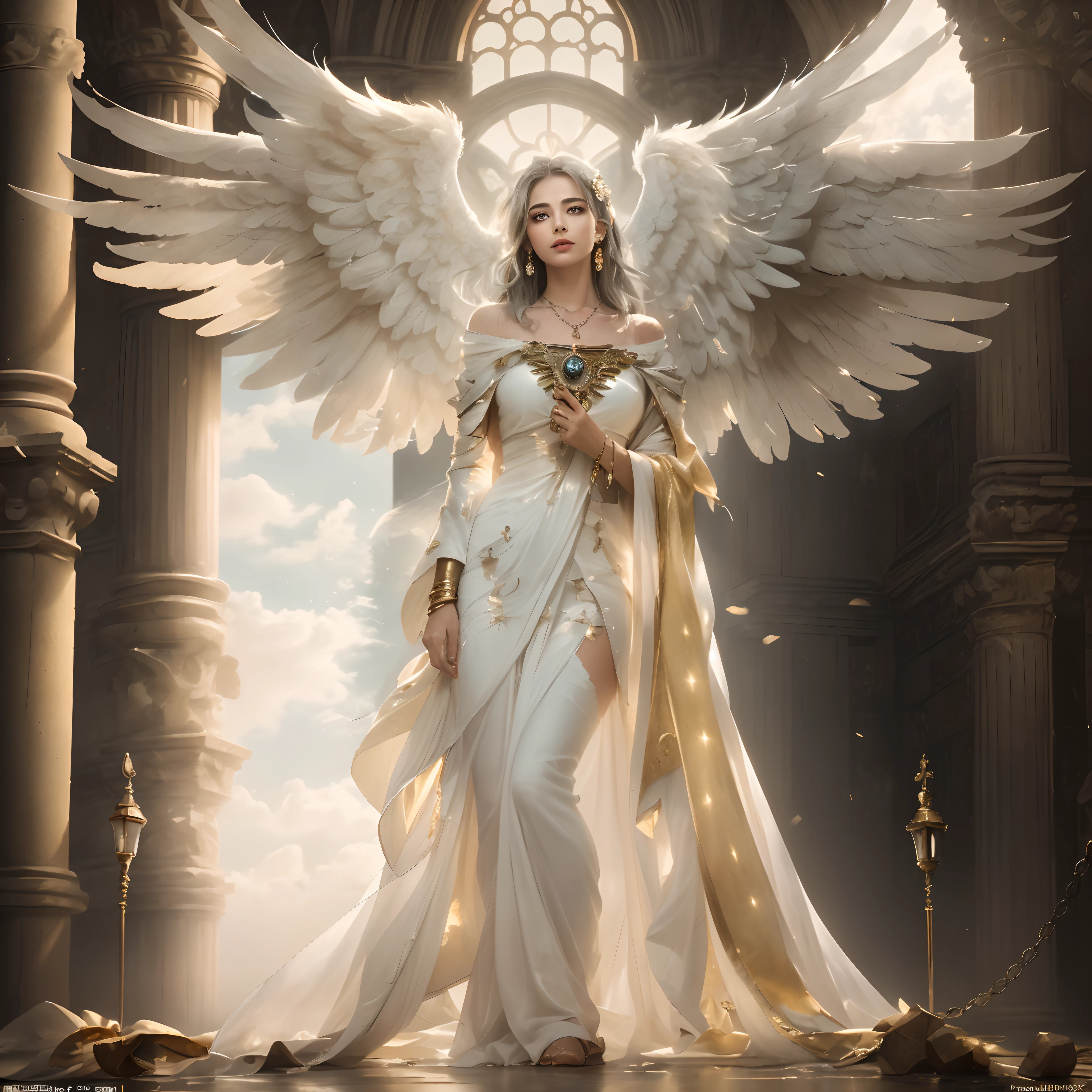 (Numerous award-winning masterpieces, The details are incredible, Texture and maximum detail), (hyper Practical:1.4), (Practical:1.3), (Highest quality real texture skin), (Exquisite round symmetrical eyes:1.3), Delicate face, ((medieval world)), ((((Black Angel of the Lord, white angel of the Lord)))), (Full body portrait:1.5), (Beautiful and kind eyes), (She has a naughty smile on her face), (Beautiful eyes full of sympathy), (Angels dancing in the background), (Dramatic lighting), (majestic sight), (Her expression was calm and gentle,very beautiful), ((Huge wings,There are pure white feathers behind the shoulders)), (((fold wings))), glass earrings on ears, (((Dramatic photos))), (twilight), (Sunset), (dusk), (Divine pose), ((Dramatic pose)), (Gorgeous photos), (blond hair), (Silver Hair), (Chestnut hair), short hair, ((Full body portrait)), ((Look up;Inquire)), ((look down)), ((Full body standing)), ((gives Full body standing)), (A beautifully crafted simple necklace hangs around her neck), Ancient ruins overgrown with plants, great temple, cathedral, Temple ruins, Independent Temple, Glowing magic circle, The ruins of an ancient castle, abandoned ruins, Ruins in ruins, Historic sites,water quality clear, Wavelet, Tap water, Shining majestic clouds and sky, Halo optical phenomenon, divine light, epic Practical, ((Neutral Color)), (HDR:1.5), (pastel colors:1.2), Super detailed, Movie, Warm lamps, Dramatic lighting, (Intricate details:1.1), Complex background,