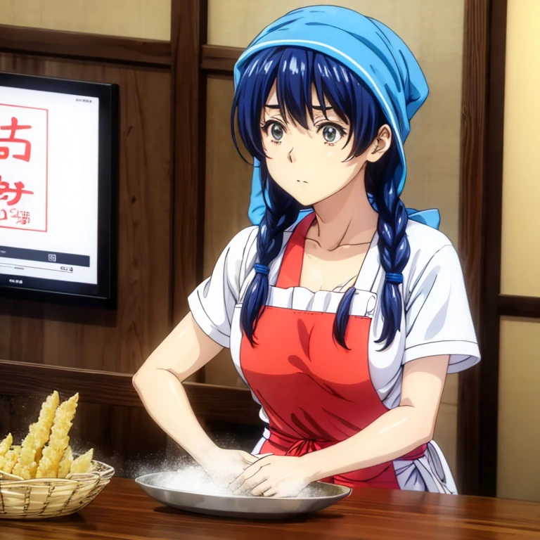 A woman with a towel wrapped around her head preparing a large amount of tempura in the kitchen of a Japanese restaurant　highest quality　Wearing an apron