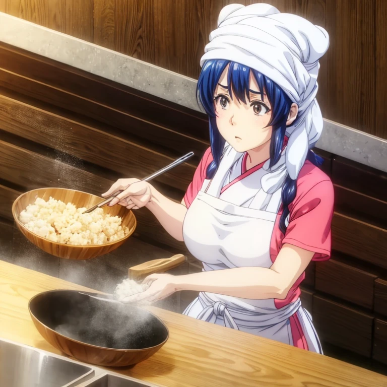 A woman with a towel wrapped around her head preparing a large amount of tempura in the kitchen of a Japanese restaurant　highest quality　Wearing an apron