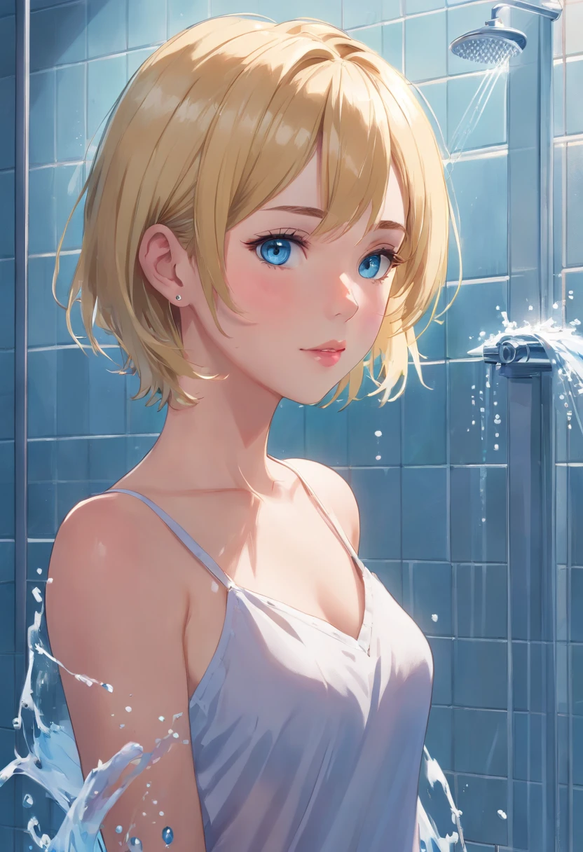 17 years old Women, (Blonde:1.1), (Blue eyes:1.1), (Short hair:1.1), (Full shot:1.1), very detailed makeup, pale pink lipstick, long earrings, naked in shower, (best quality:1.2), ultra-detailed, (realistic:1.37), HDR, vivid colors, sharp focus, (photography:1.1), portraits