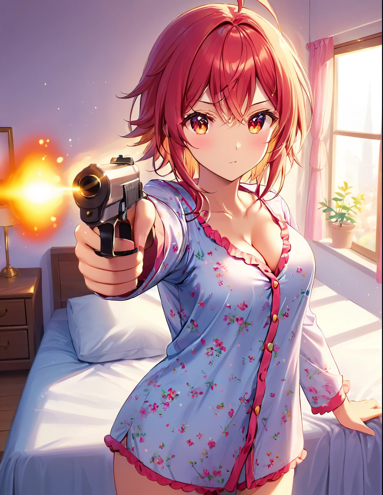 gorgeous, lovelypajama, bright room, comfortable bed, lovely pillow, warm lighting, aiming pistol , cleavage, stunning body, ultra detailed face, glowing lips l, glowing eyes, open pajama