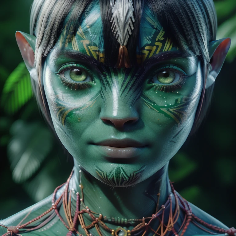 avatar style, (face portrait:1.6), naavi, 1girl, female, (silver eyes), (big eyes), ((eyebrowless)), pointy ears, (forest green skin tone:1.0), (straight hair:1.0), black hair color, ((bobcut hair with bangs)), (young adult), 18 years old, face wrinkles, wearing colorful tribal clothing, (wearing tribal acessories), detailed eyes, toned body, muscled body, vibrant colors, glowing, ethereal atmosphere, surrealistic dreamy lighting, textured skin, otherworldly beauty, mesmerizing photography, (best quality, highres), vivid colors, ultrarealistic, skin details, striped skin, sfw, face close-up:0.5, ultradetailed body, ((green skin)), ((tranzp))