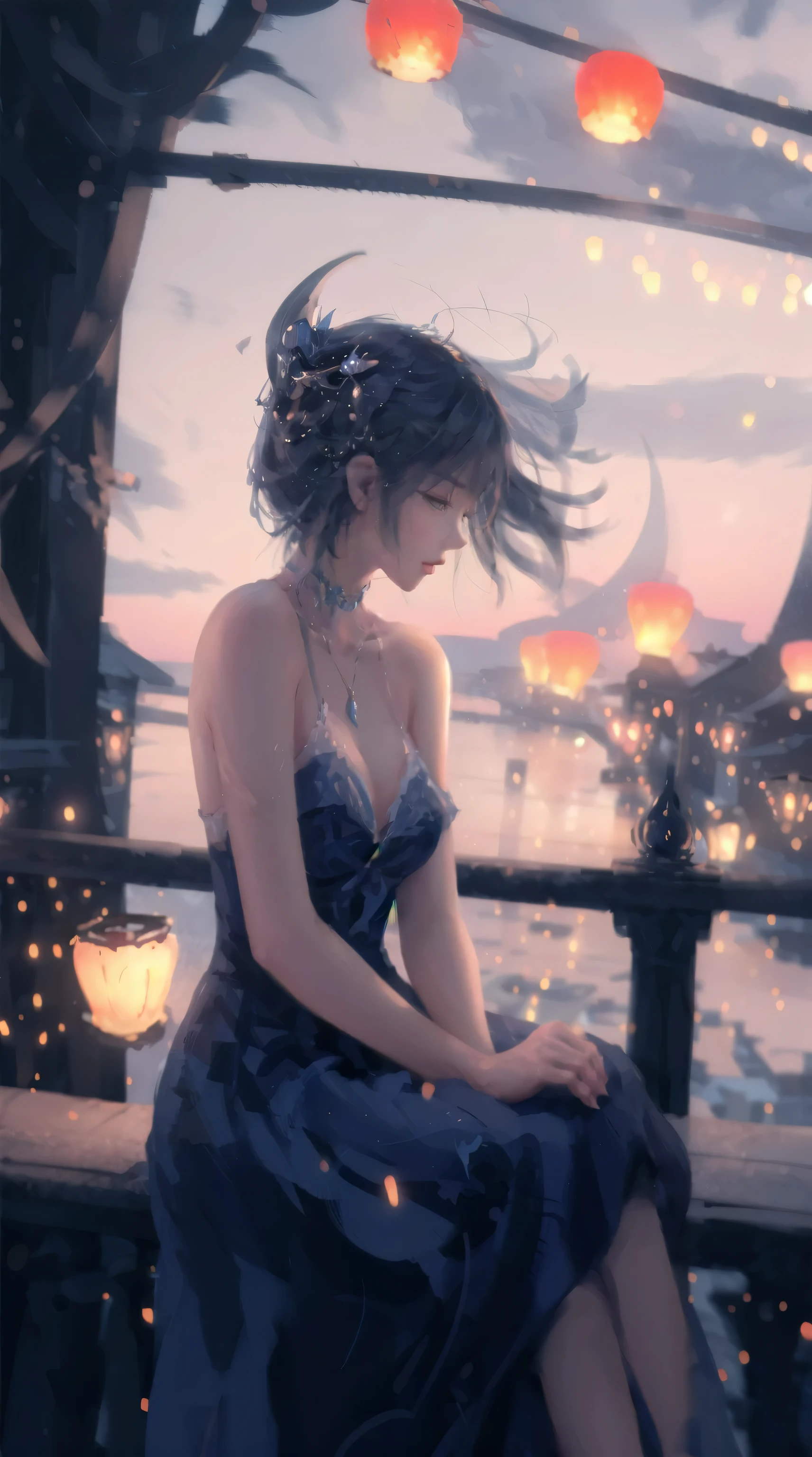 1 Girl, Solitary, lantern, wind, my own_hand_Together, Sky, hair_Decorations, cloud, only_Shoulder, closure_Eye, skirt, paper_lantern, outdoor, Necklace, sitting, from_side, contour, blue_Necklace, blue_skirt, floating_hair, railing, cloudy_Sky, closure_Mouth, Wind view, my own_hand_Snap tight