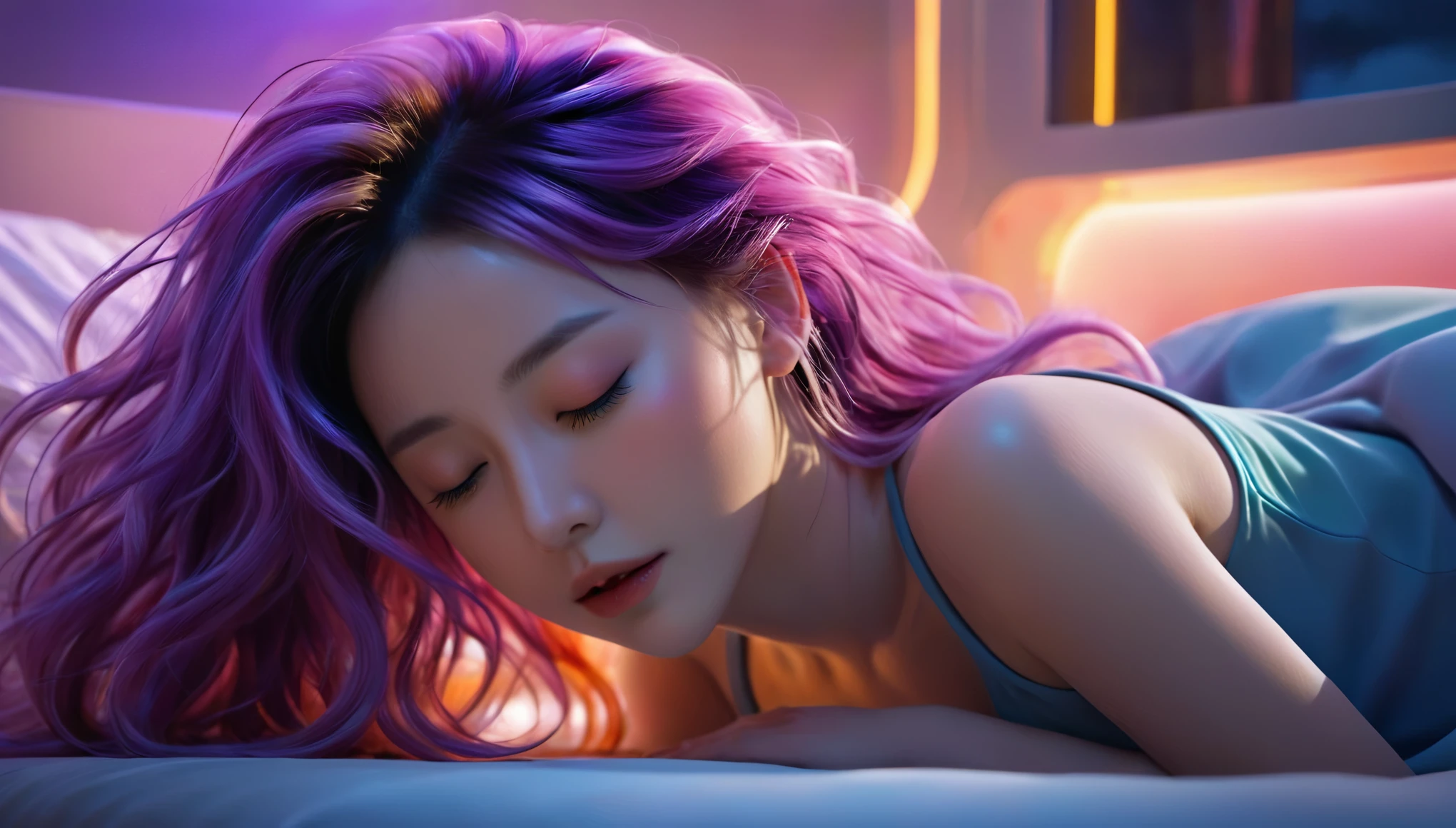 (best quality,8k,ultra-detailed:1.2),(CG,CG art,3D rendering),(masterpiece:1.2),(Crawling on the table),(Sexy clothing),(movie lighting,futuristic),(woman lying in bed,sleeping,closed eyes),(large window behind her,tranquil night),(colorful hair:1.5)