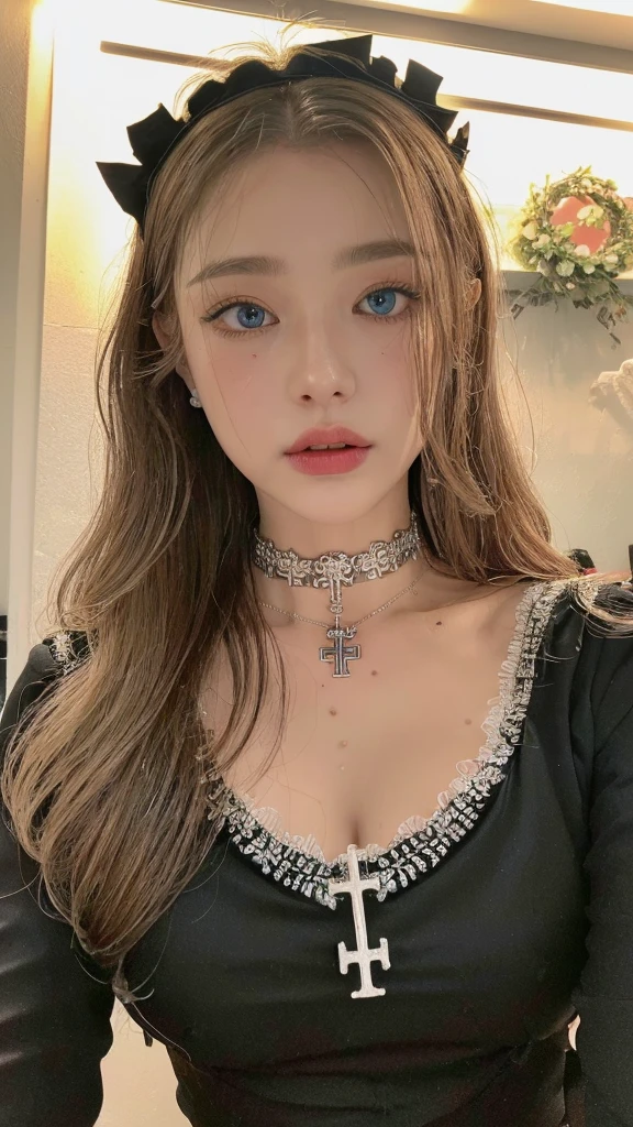 1 miniature Beautiful beautiful woman - Yuan Sayuki, ((top quality, 8K, Masterpiece:1.retty woman, 1 woman, huge breasts:1.3, a slim body:1.1, lush GINGER long hair with 2 buns, (shower, wet body, wet clothes:1.1), very detailed face, detailed lips, detailed eyes, double eyelids, Detailed blue eyes, чрезвычайно Detailed Outstanding Blue Eyes, long GINGER wet hair, GINGER wet hair, Detailed Outstanding Blue Eyes, innocent look at the viewer, very wet wavy RED hair, Detailed Outstanding Blue Eyes, huge cross earrings, Outdoors, badges behind, gothic maid uniform, sexy maid dress, bare chest, huge chest tattoo, detailed huge catholic cross earrings, chest tattoo, Outside, wear a silver cross (Detailed cross shape), reality mode, wet breasts, black necklace, human crowd behind, black latex gloves, hair of white RED colour, night time, red neon lights, demonic nun, nimbus (golden lighting ring above her head), angel, snowy weather, sexy pose, white lingerie, black maid dress, detailed flower wreath made of different colours, open chest
