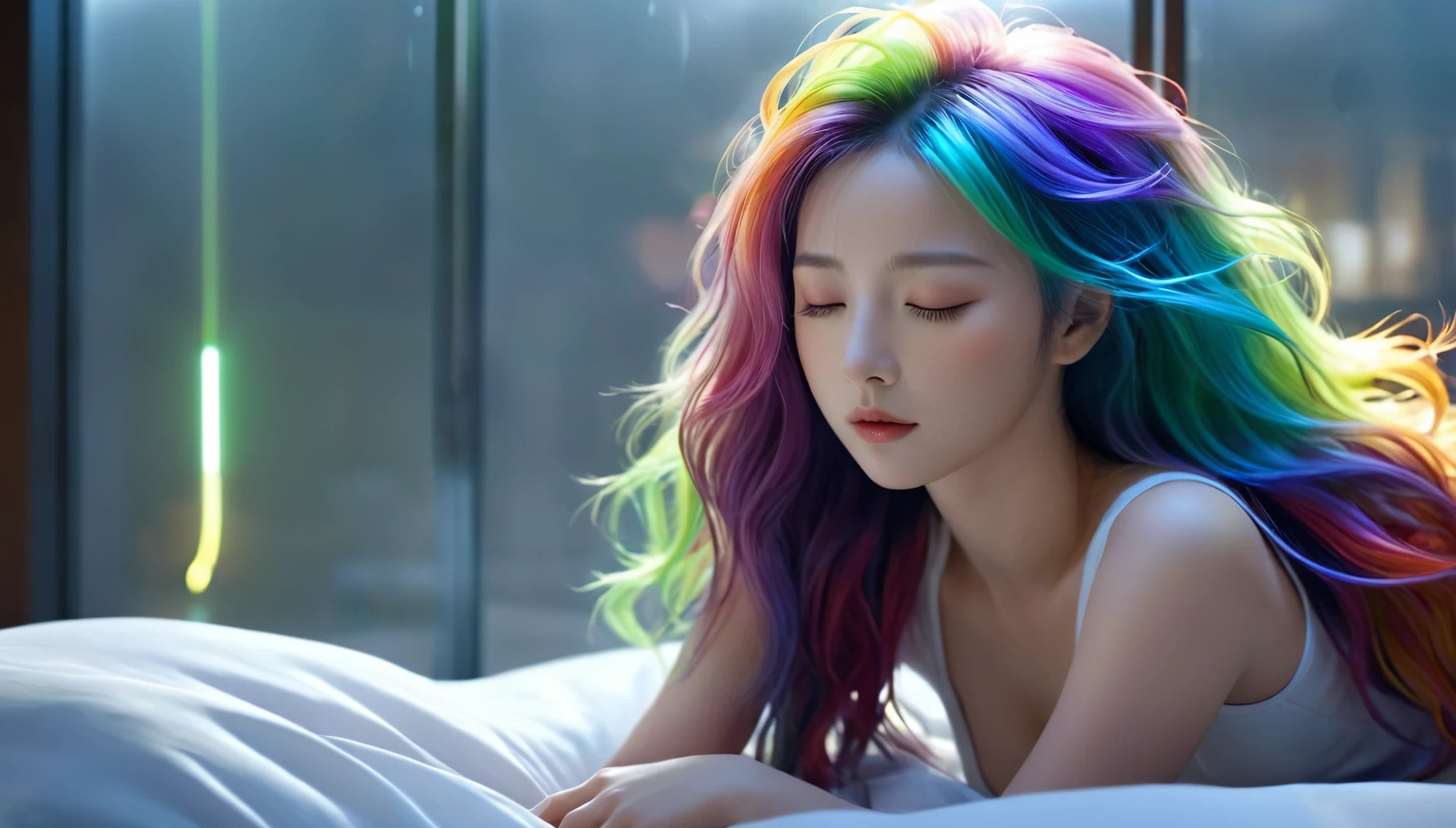 (best quality,8k,ultra-detailed:1.2),(CG,CG art,3D rendering),(masterpiece:1.2),(Crawling on the table),(Sexy clothing),(movie lighting,futuristic),(woman lying in bed,sleeping,closed eyes),(large window behind her,tranquil night),(colorful hair:1.5)
