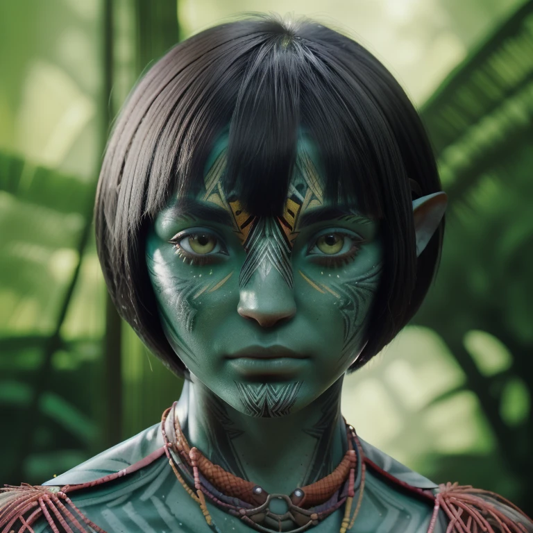 avatar style, (face portrait:1.6), naavi, 1girl, female, (silver eyes), (big eyes), ((eyebrowless)), pointy ears, (forest green skin tone:1.0), (straight hair:1.0), black hair color, ((bobcut hair with bangs)), (young adult), 18 years old, face wrinkles, wearing colorful tribal clothing, (wearing tribal acessories), detailed eyes, toned body, muscled body, vibrant colors, glowing, ethereal atmosphere, surrealistic dreamy lighting, textured skin, otherworldly beauty, mesmerizing photography, (best quality, highres), vivid colors, ultrarealistic, skin details, striped skin, sfw, face close-up:0.5, ultradetailed body, ((green skin)), ((tranzp))