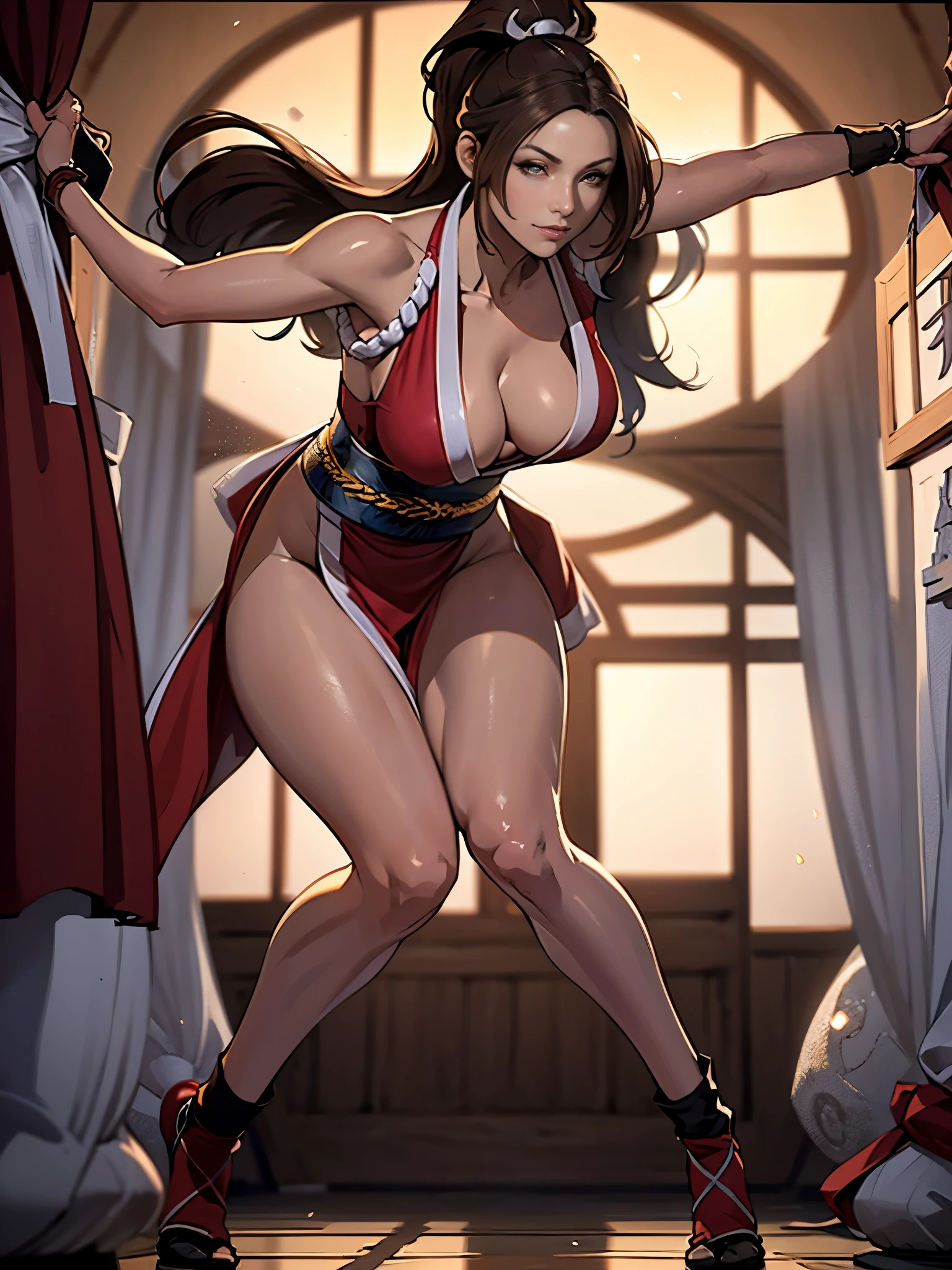 mai shiranui, Brown eyes, The whole body is reflected,Toes are visible,  Standing, Full body, Prestige, Long hair, Brown hair, White ribbon, Sleeveless, poneyTail, sash, pelvis curtain, arm guards, mitts, tabi, fascinated expression, Sexy eyes, medium breasts, Smile, Cute, view the viewer, Long hair, Close to Japan temple, (breasts focus:1.2), (Realistic:1.2), (Full Shot: 1.2), (Realism), (masutepiece:1.2), (Best Quality), (ultra-detailliert), (8K, 4K, Convoluted), (85 mm), light Particle, Lighting, (Highly detailed:1.2), (Detailed face:1.2), (gradients), SFV, Colorful, (Detailed eyes:1.2), (Detailed temples of Japan: 1.2),(Detailed background), (Dynamic Angle:1.2), (Dynamic Pose:1.2), (Line of action:1.2), Wide Shot, Daylight, Solo.