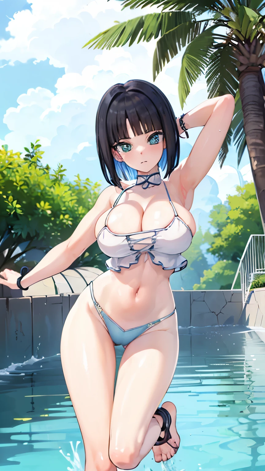 (High reality photograph, high resolusion, detailed face, detailed eyes), 1girl, (gaunt, short stature:1.5), 20 years old, (white bikini, micro bikini:1.5), (showcasing cleavage, underboob:1.5), cute face, baby face, (cameltoe:1.3), (narrow waist:1.4), (thin legs:1.4), (huge breasts:1.5), (emerald eyes:1.1), (cute eyes:1.4), (pale skin:1.4), (shiny skin:1.4), (armpit:1.3), (open legs:1.4), (groin:1.1), (full body:1.1), poolside, (erect nipples:1.3)