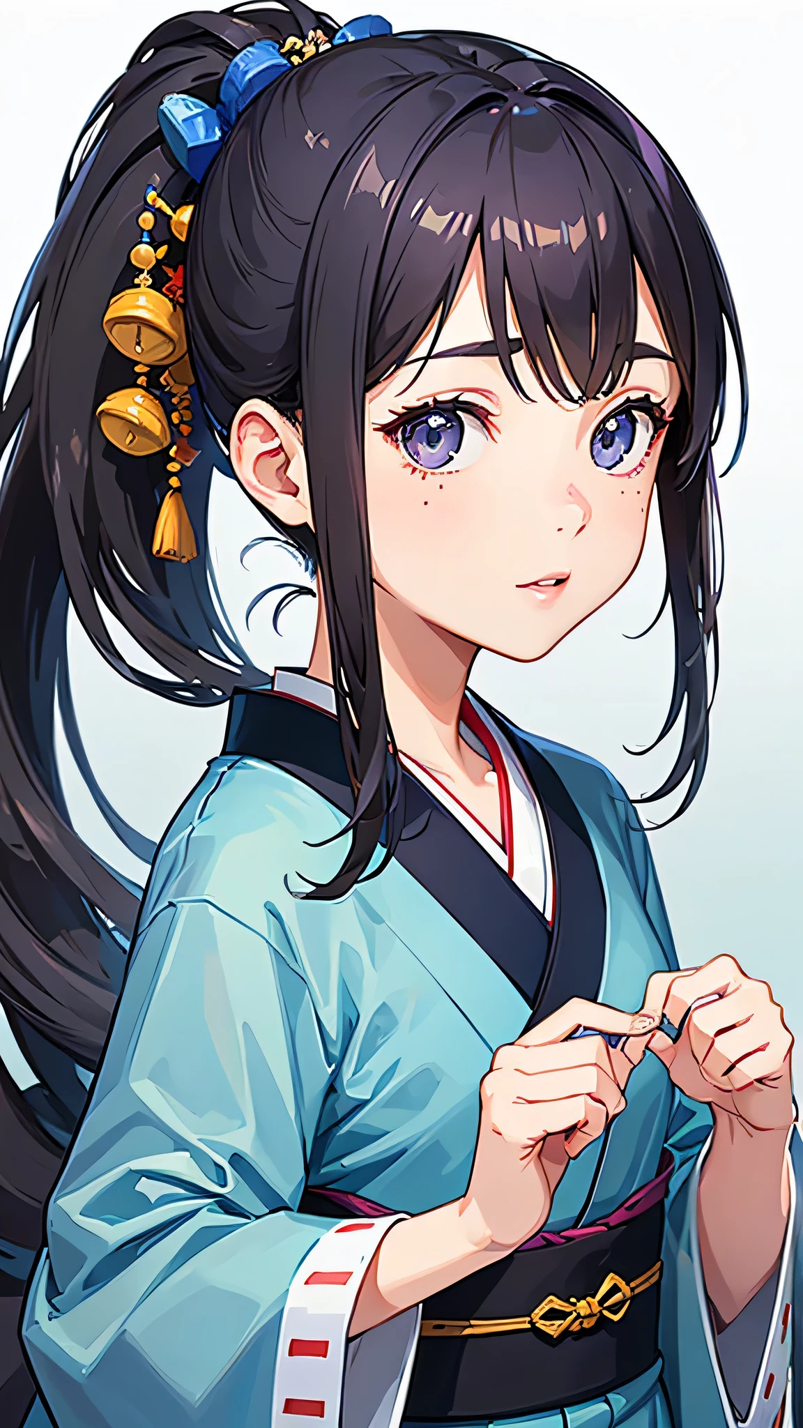 highest quality、Realistic、girl、Japanese、zoom、cute、Gray Eyes、Chestnut Hair、ponytail、Blue kimono、Japanese clothing、Face close-up、thin、Small breasts、freckles
