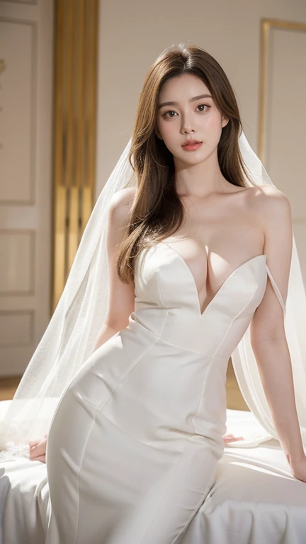 In a raw and masterful photograph, a stunning woman channels the elegance of Anne Hathaway as she poses in a wedding dress against the backdrop of a luxurious modern hotel hall. With her tall, thin frame and blond hair cascading down her shoulders, she exudes sophistication and allure. Her C cup, big breasts and slender legs accentuate her beauty, while glasses add a touch of refinement. White flowers and white light enhance the ethereal atmosphere, evoking the beauty of a Chinese princess. This image captures the fantasy of a seductive Asian queen, embodying timeless beauty and allure in a captivating display of exhibitionism.