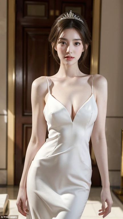 In a raw and masterful photograph, a stunning woman channels the elegance of Anne Hathaway as she poses in a wedding dress against the backdrop of a luxurious modern hotel hall. With her tall, thin frame and blond hair cascading down her shoulders, she exudes sophistication and allure. Her C cup, big breasts and slender legs accentuate her beauty, while glasses add a touch of refinement. White flowers and white light enhance the ethereal atmosphere, evoking the beauty of a Chinese princess. This image captures the fantasy of a seductive Asian queen, embodying timeless beauty and allure in a captivating display of exhibitionism.