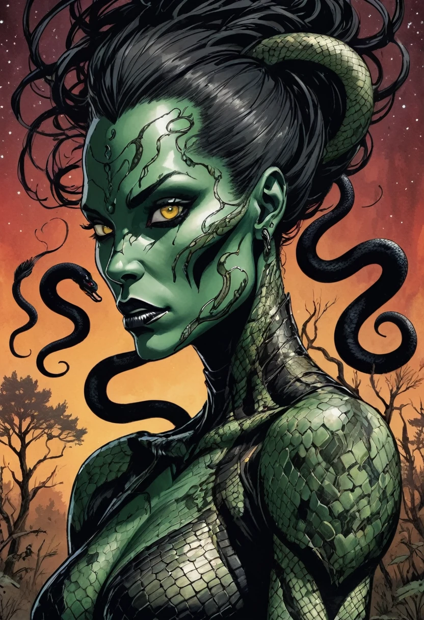Medusa, splash page decompressed comic cover art, ink style figure, ((expressive Joelle Jones and "Sean Gordon Murphy" comic drawing)), wordless, cinematic poster, double exposure, optical illusion, image within image, abyss void black no visibility darkness, full length portrait, (background, pine barrens, entropy, rewilding, magic hour sunset, galaxy stars, cosmos), (horror, abstract, surreal, body, cosmic), candid, snake skin dress, morphology anatomy drawn Frederic Delavier musculature anatomical illustration, (face, ornate black-metal corpsepaint face paint, resembles Grace Jones), (body, Naga, snakefolk, lower body snake tail, snake woman hybrid, bald, hairless, skeleton, snake skin tattoos, piercing eyes, snake pupils, over the shoulder), (colors, bleak muted deep fiery radiant glowing ROYGBIV, forest green, earth brown), craftsmanship nuance, (Gerardo Zaffino charcoal), subliminal orchids, nyctophobia, silhouette